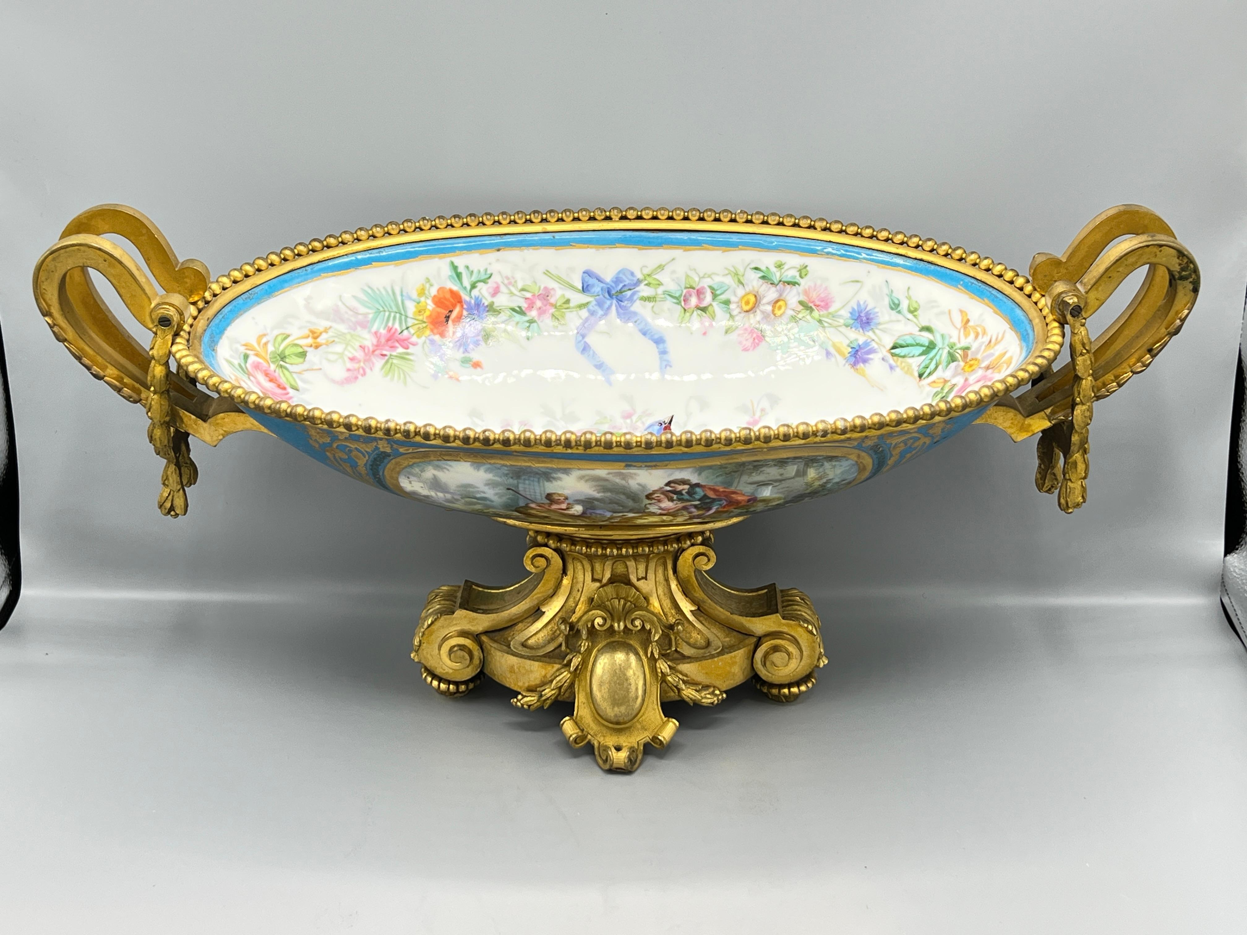 Louis XVI 19th Century French Sevres Style Gilt Bronze and Porcelain Centerpiece Bowl