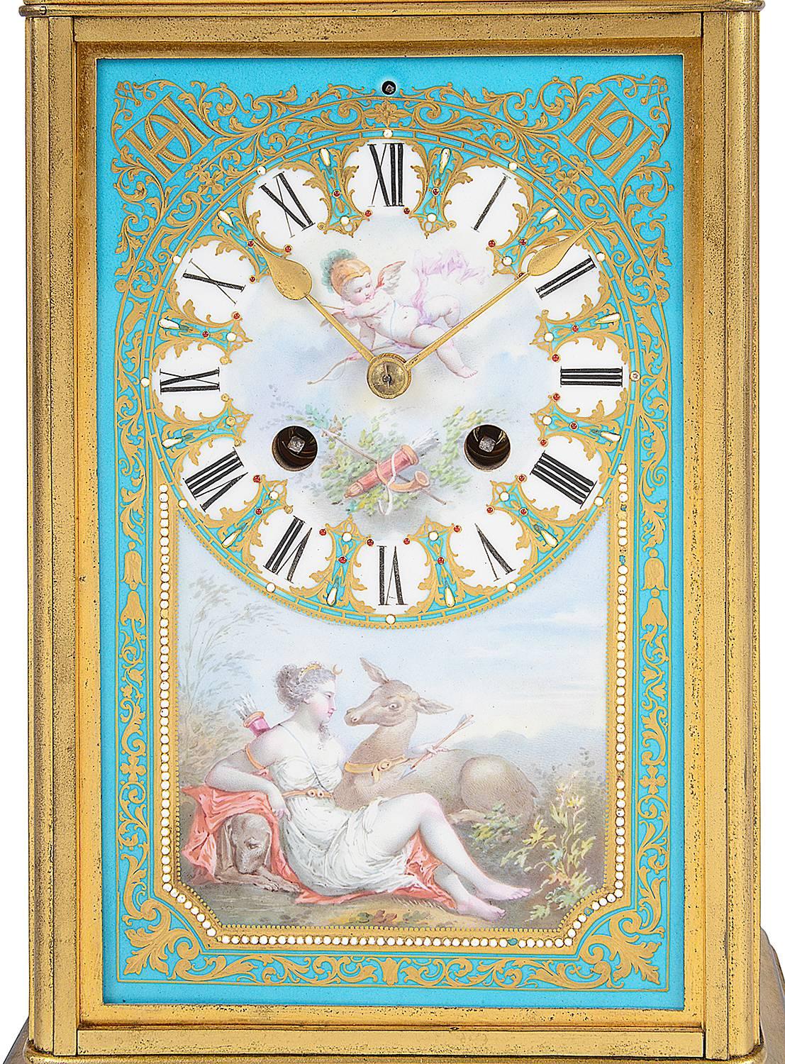 An unusual and very good quality 19th century French Sèvres style porcelain and gilded ormolu mantel clock. Having a domed top with a painted scene of a child playing a horn set in a turquoise ground with gilded decoration. The porcelain clock face