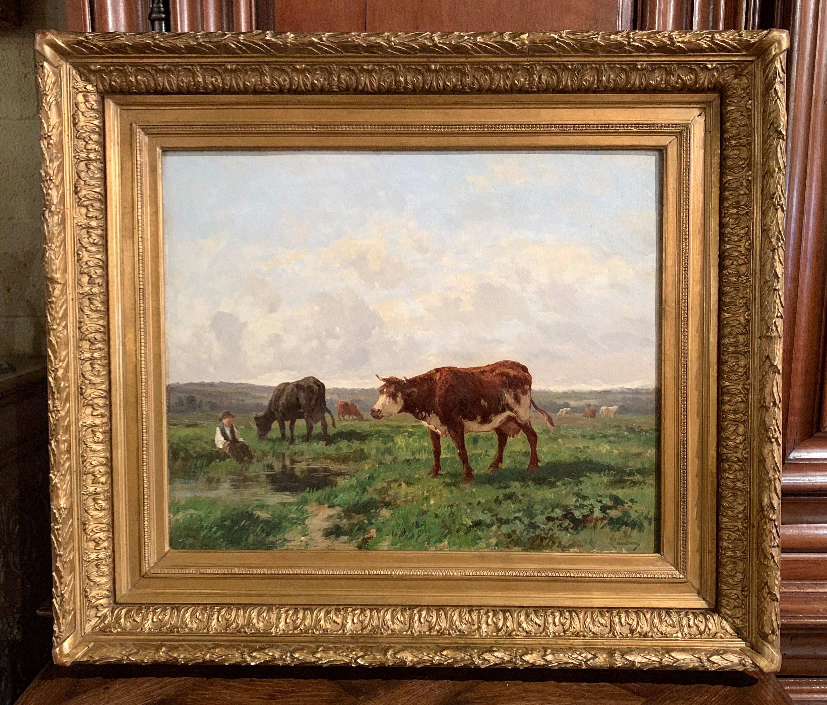 Canvas 19th Century French Cows Oil Painting in Carved Gilt Frame Signed C. Quinton