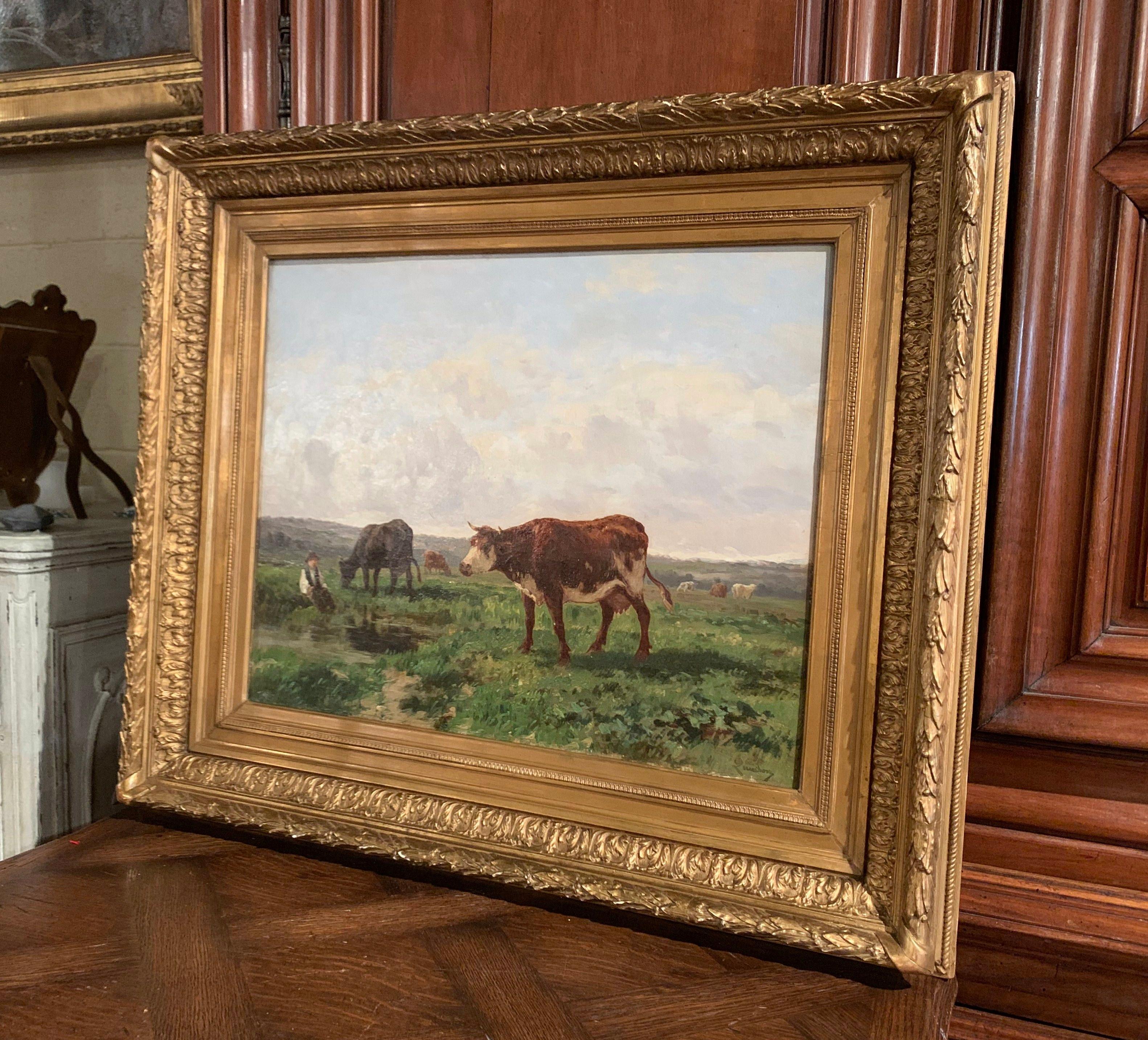 19th Century French Cows Oil Painting in Carved Gilt Frame Signed C. Quinton 3