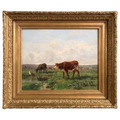 19th Century French Cows Oil Painting in Carved Gilt Frame Signed C. Quinton