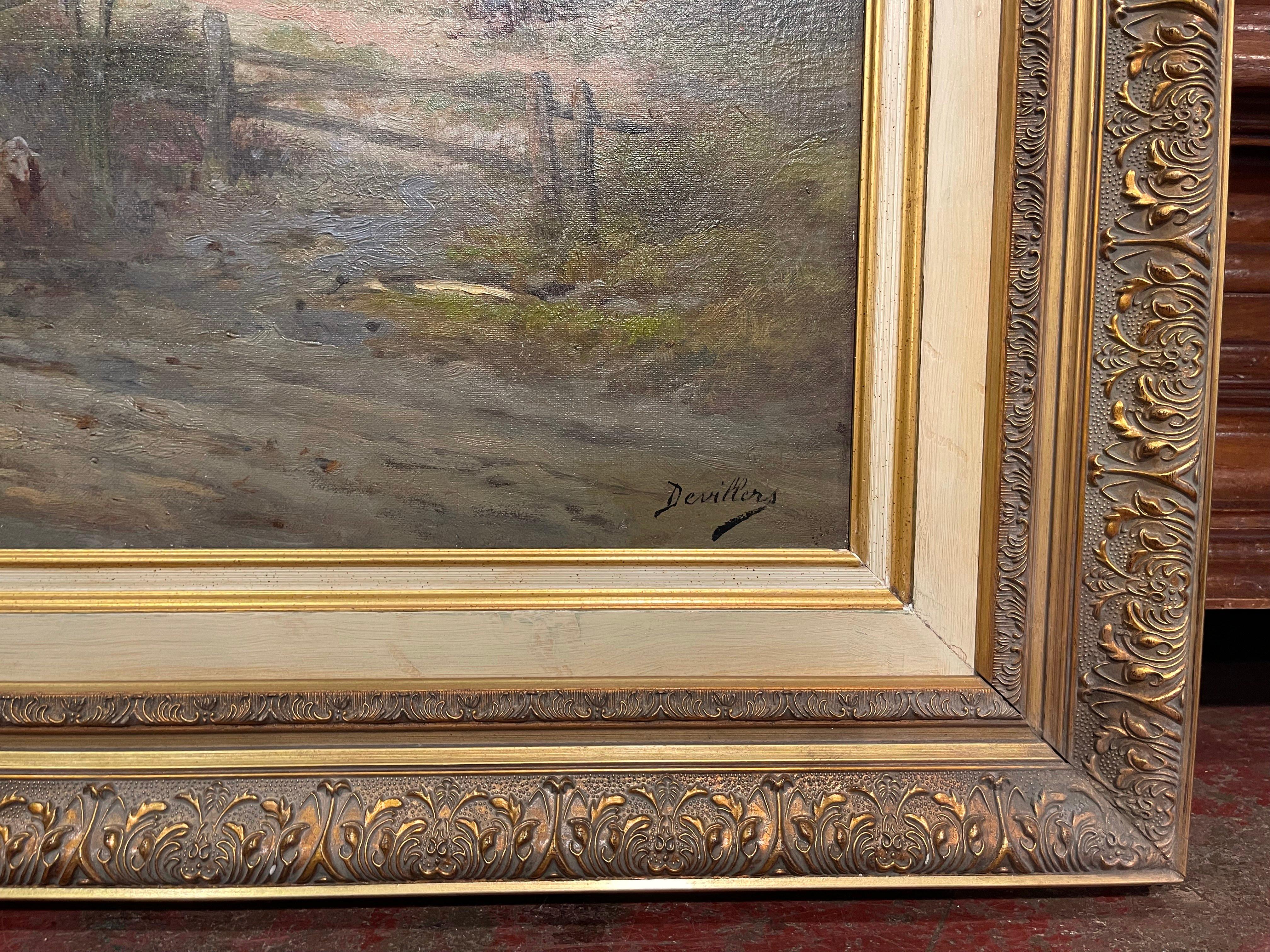 19th Century French Sheep Oil Painting in Carved Gilt Frame Signed Devillers In Excellent Condition For Sale In Dallas, TX