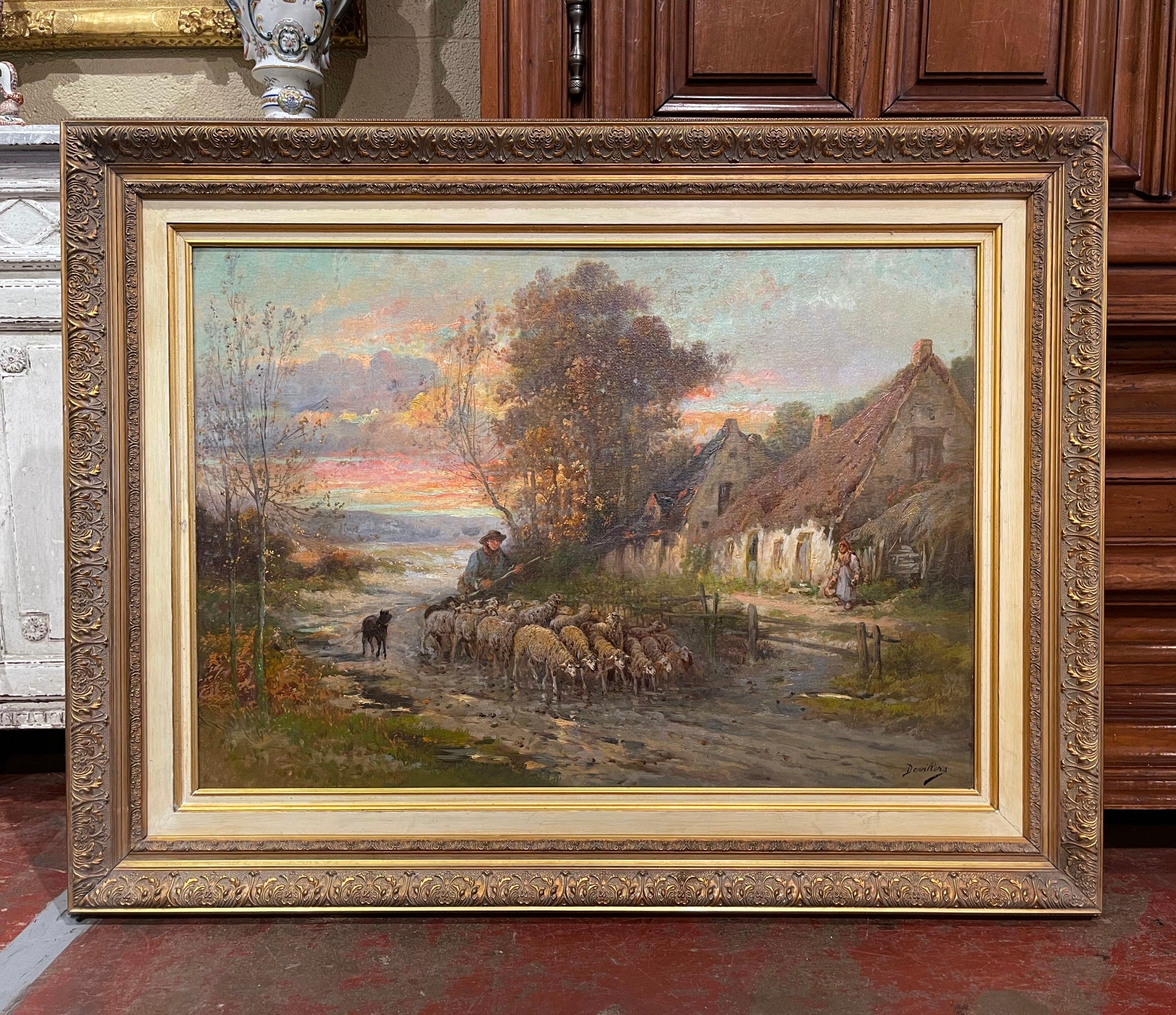 Giltwood 19th Century French Sheep Oil Painting in Carved Gilt Frame Signed Devillers For Sale