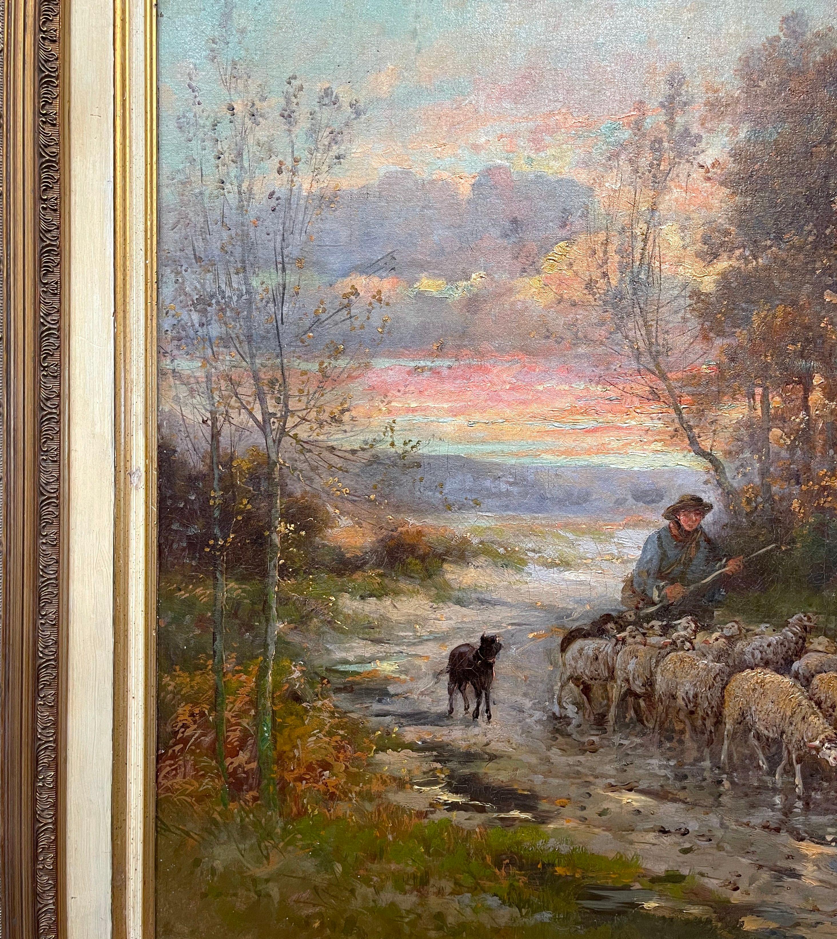 19th Century French Sheep Oil Painting in Carved Gilt Frame Signed Devillers For Sale 2
