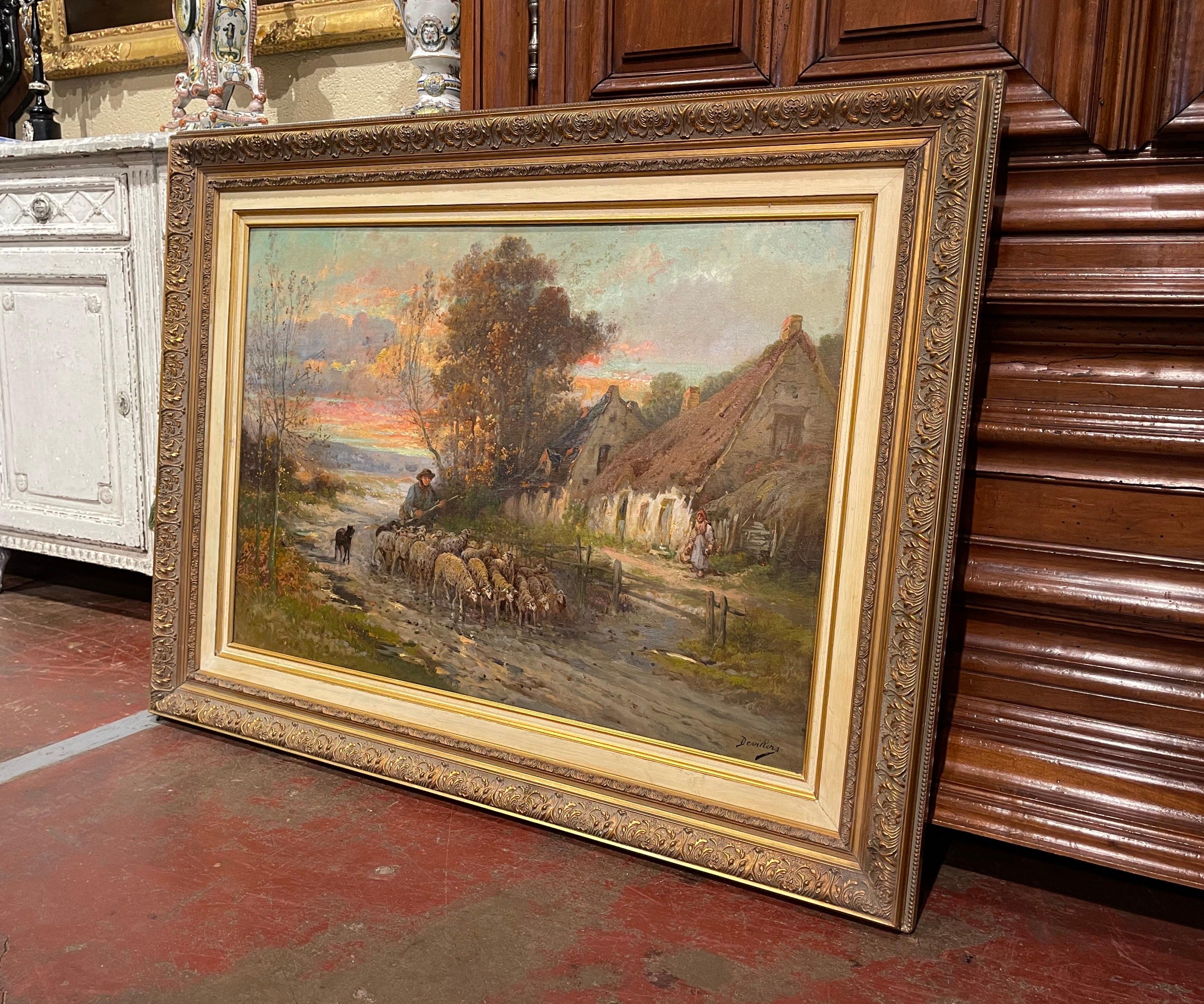 19th Century French Sheep Oil Painting in Carved Gilt Frame Signed Devillers For Sale 5