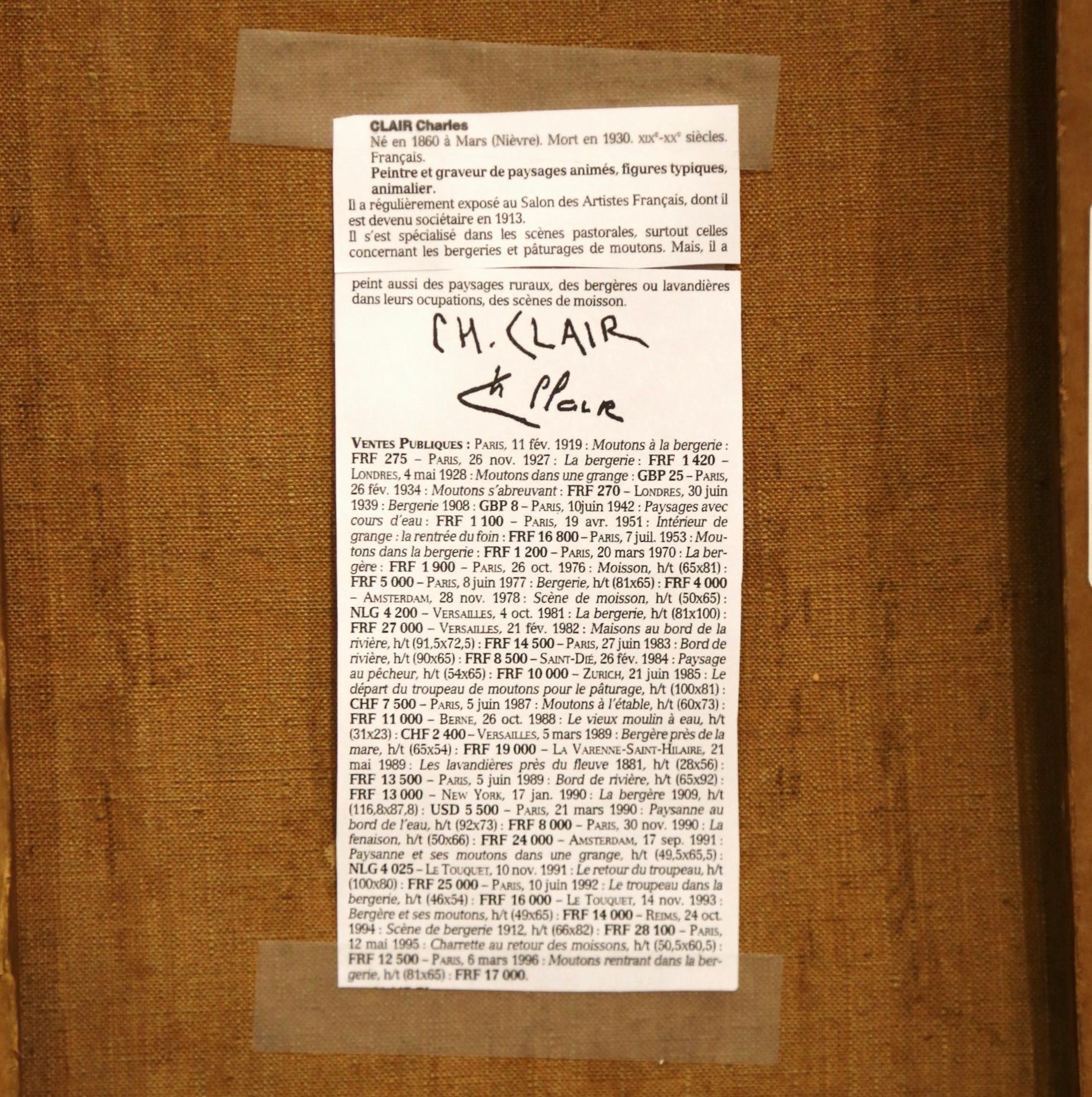 Dipinto di pecora francese del XIX secolo con cornice dorata intagliata firmato Charles Clair in vendita 3
