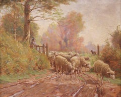 19th C. French Pastoral Oil Painting “Shepherd and Flock” by Charles H. Clair