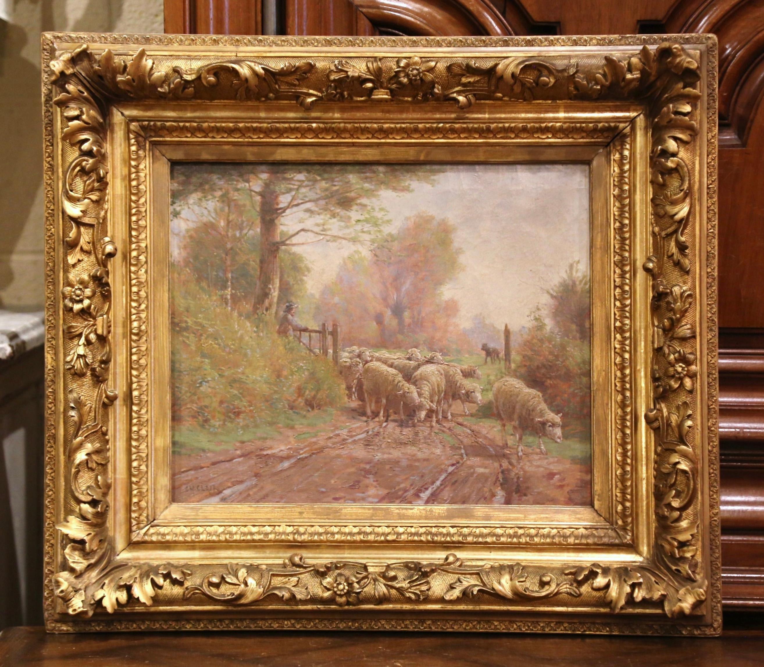 Giltwood 19th Century French Sheep Painting in Carved Gilt Frame Signed Charles Clair For Sale