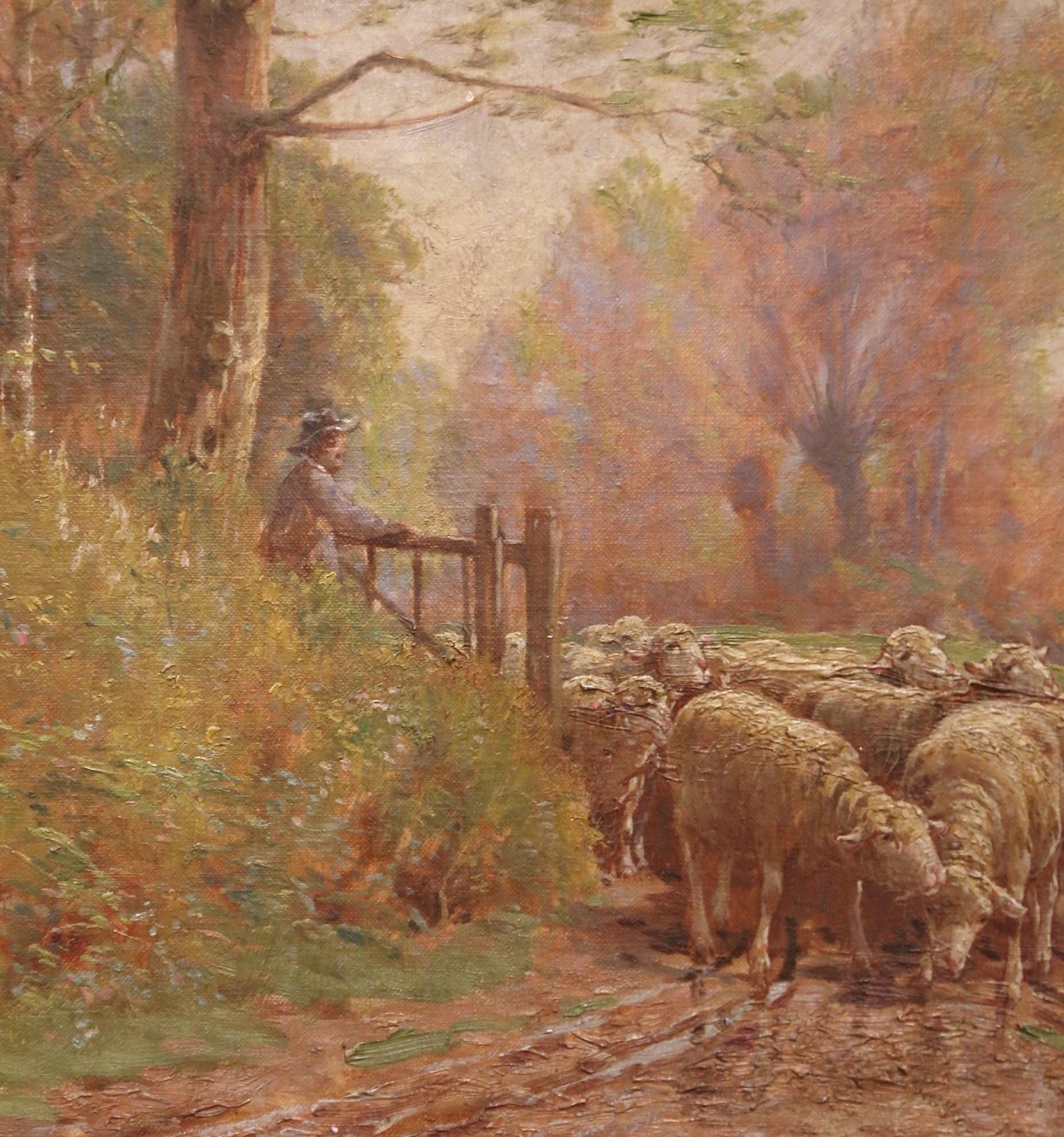 Peinture française du 19ème siècle représentant des moutons, cadre sculpté et doré, signé Charles Clair Excellent état - En vente à Dallas, TX