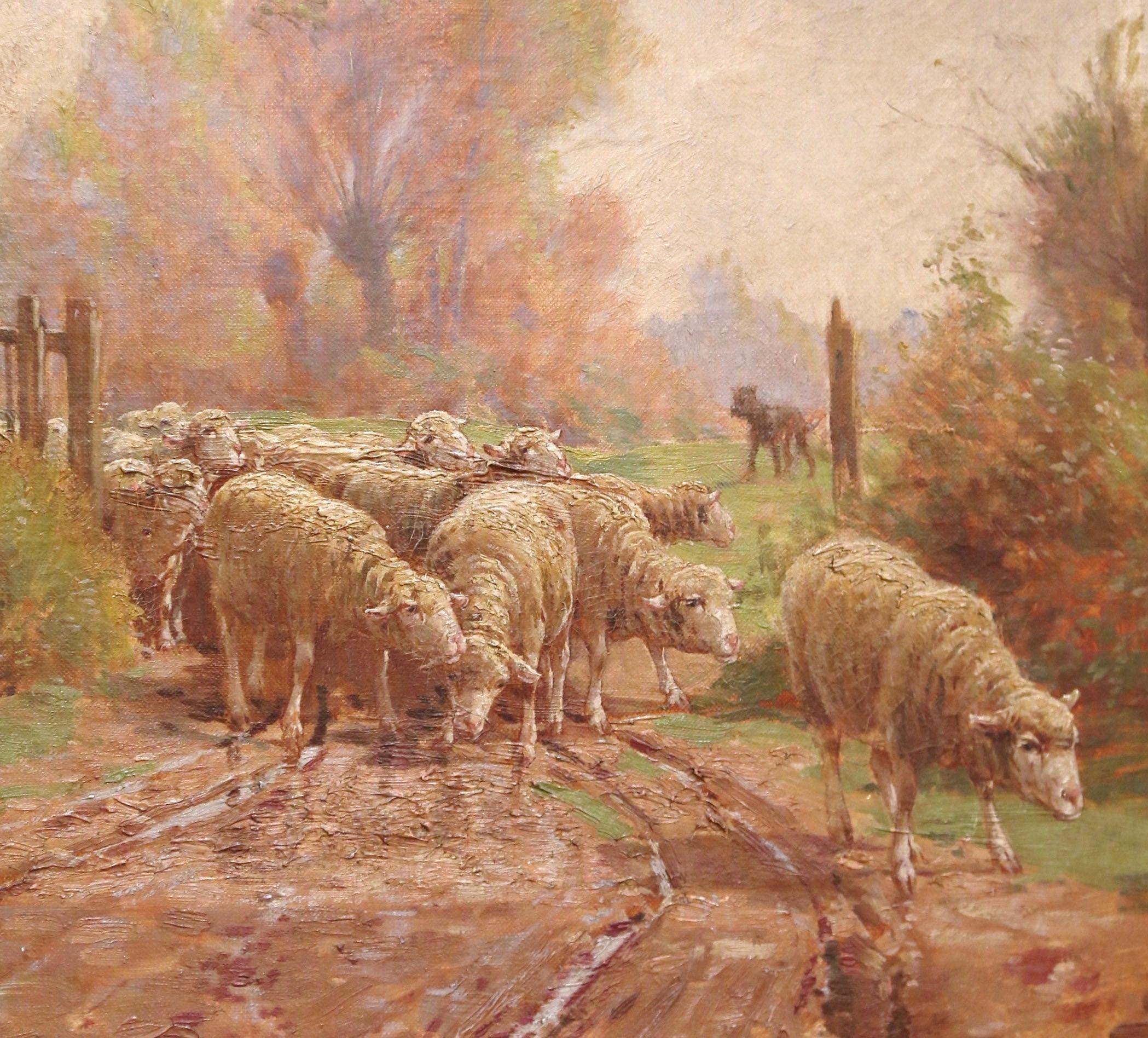 XIXe siècle Peinture française du 19ème siècle représentant des moutons, cadre sculpté et doré, signé Charles Clair en vente