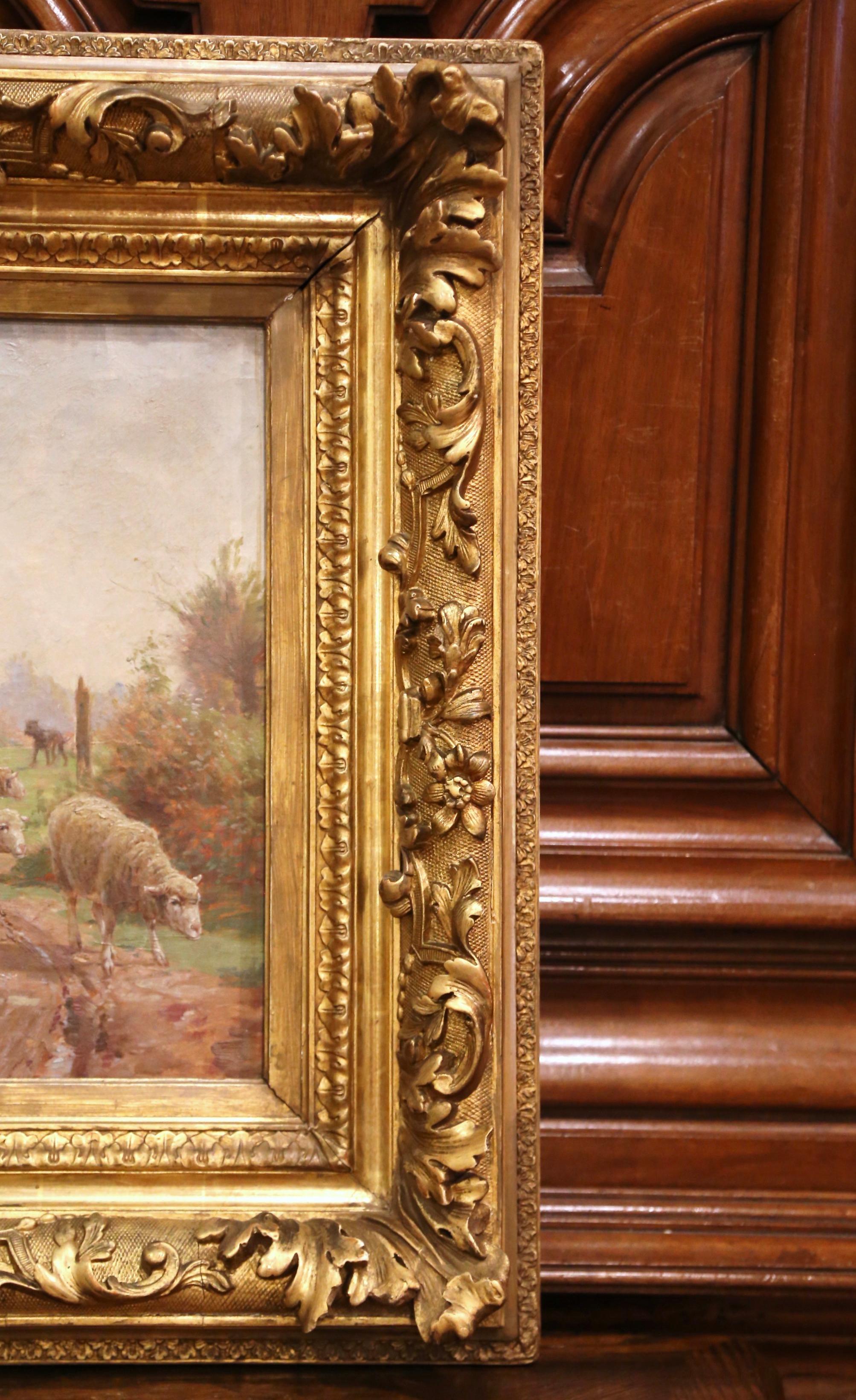 Bois doré Peinture française du 19ème siècle représentant des moutons, cadre sculpté et doré, signé Charles Clair en vente