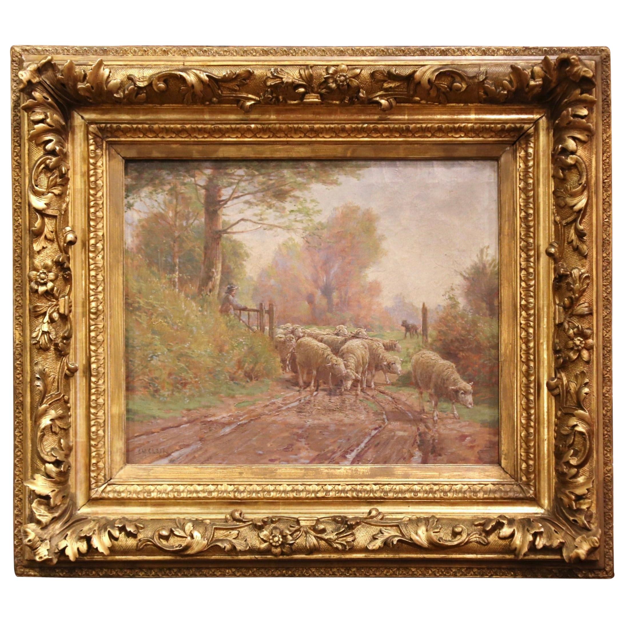 19th Century French Sheep Painting in Carved Gilt Frame Signed Charles Clair