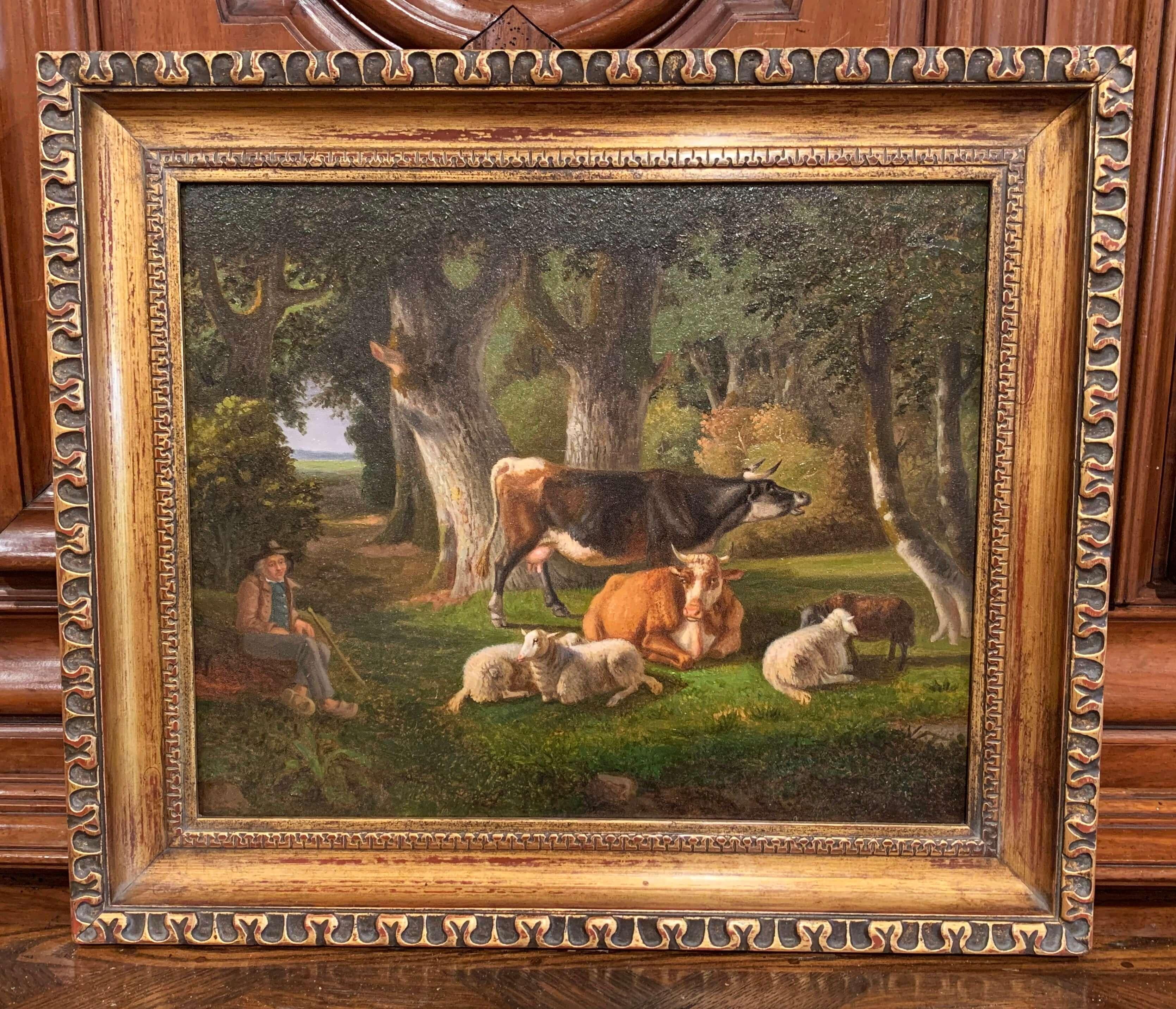 19th Century French Sheep Painting on Board in Carved Giltwood Frame In Excellent Condition In Dallas, TX