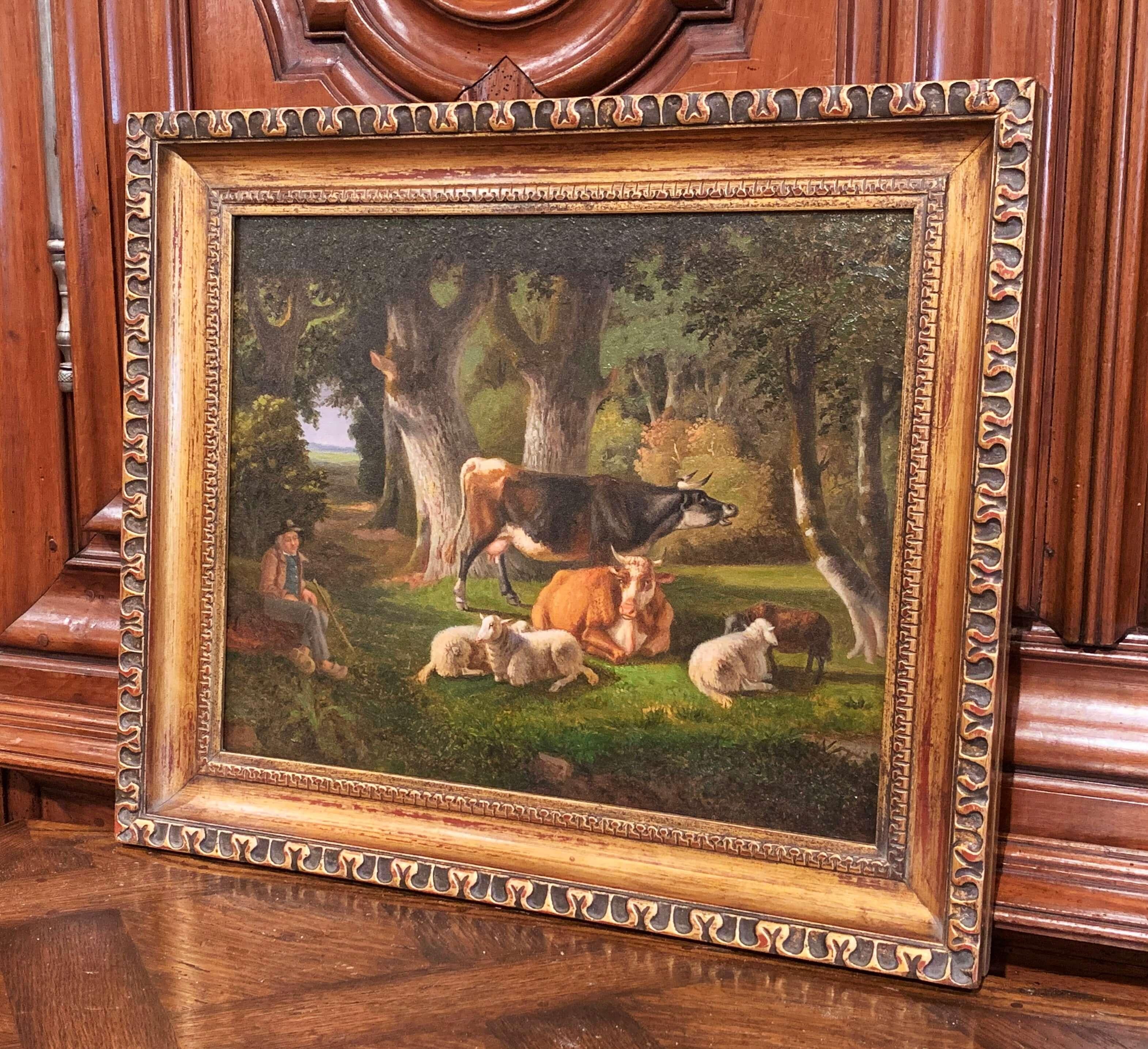 19th Century French Sheep Painting on Board in Carved Giltwood Frame 1
