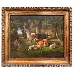 19th Century French Sheep Painting on Board in Carved Giltwood Frame