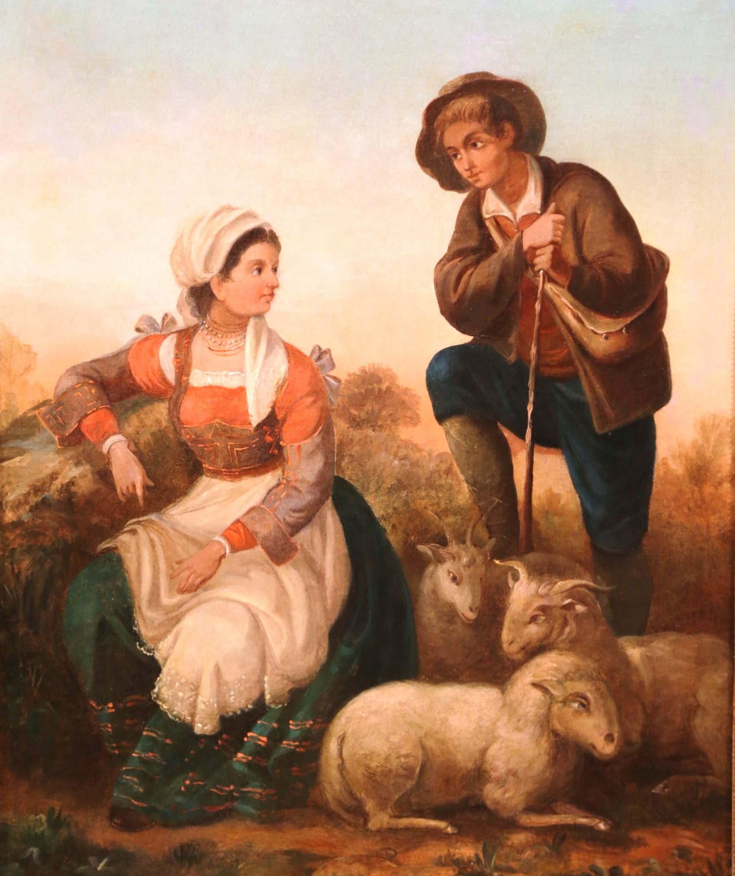 This large antique oil on canvas was painted in France, circa 1850. This colorful painting illustrates a pastoral country scene with a shepherd courting a young girl, while attending his sheep. The two figures are set in a countryside landscape, and