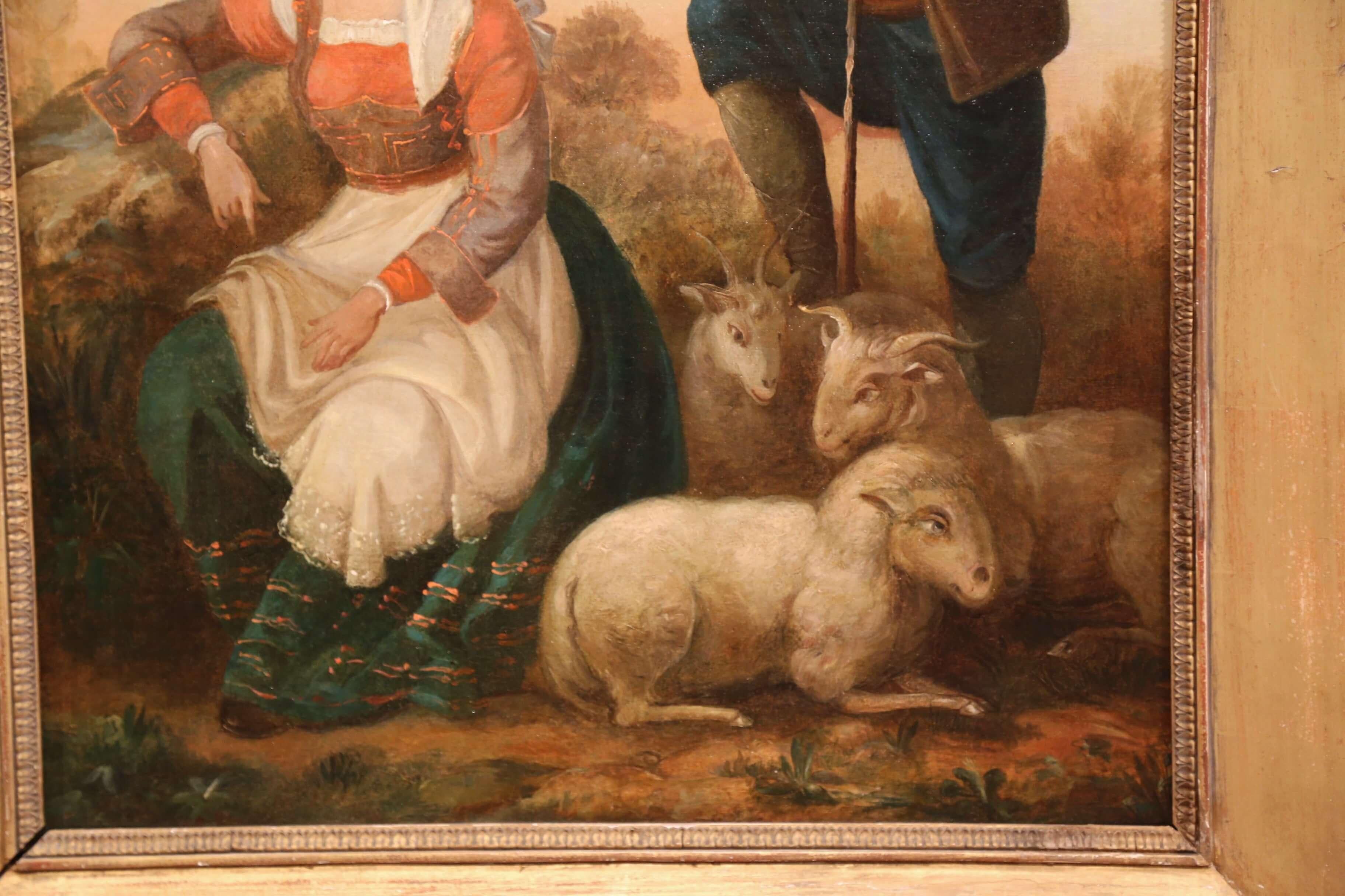 Carved 19th Century French Shepherds and Sheep Oil on Canvas Painting in Gilt Frame For Sale