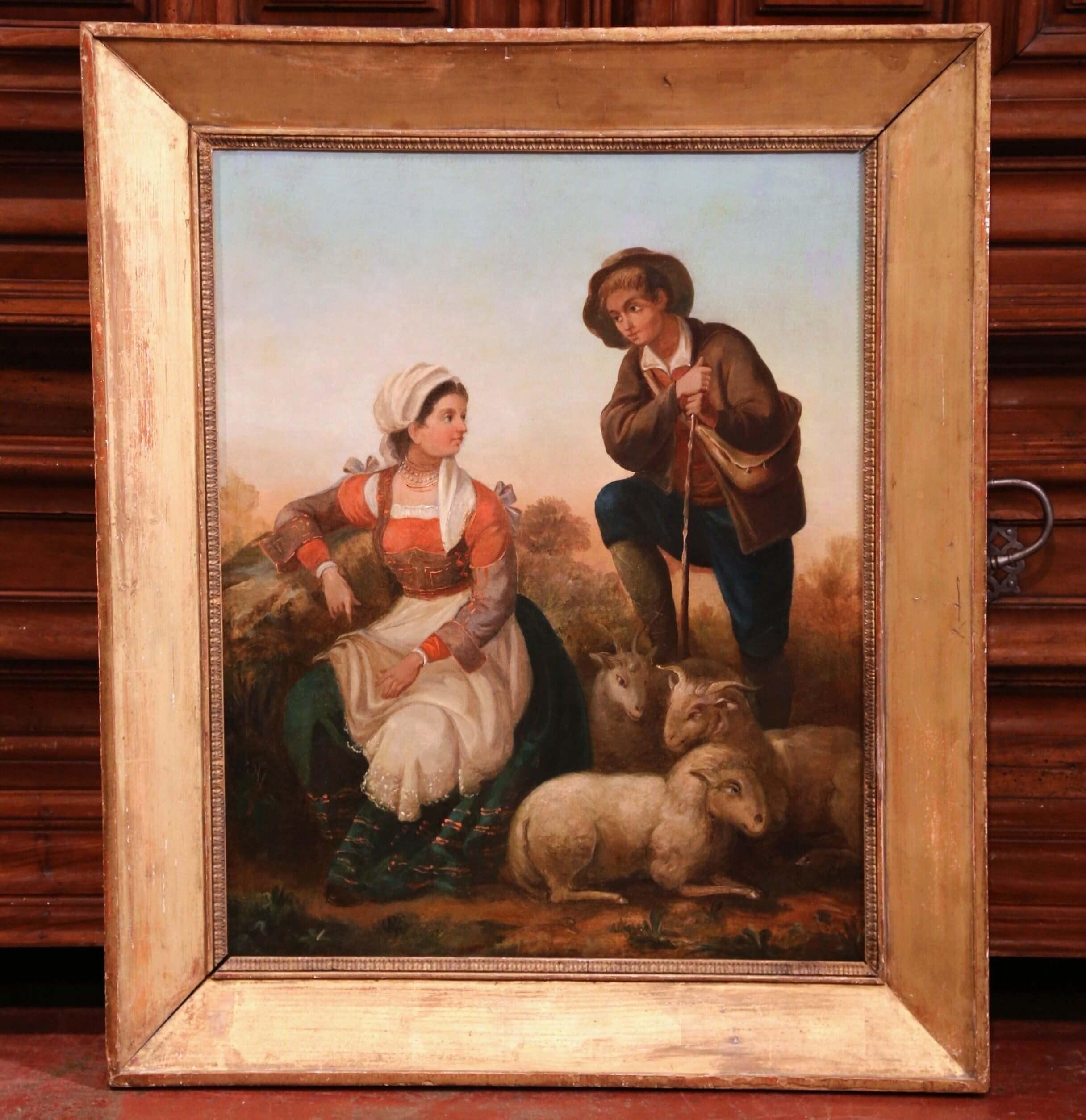 19th Century French Shepherds and Sheep Oil on Canvas Painting in Gilt Frame In Excellent Condition For Sale In Dallas, TX