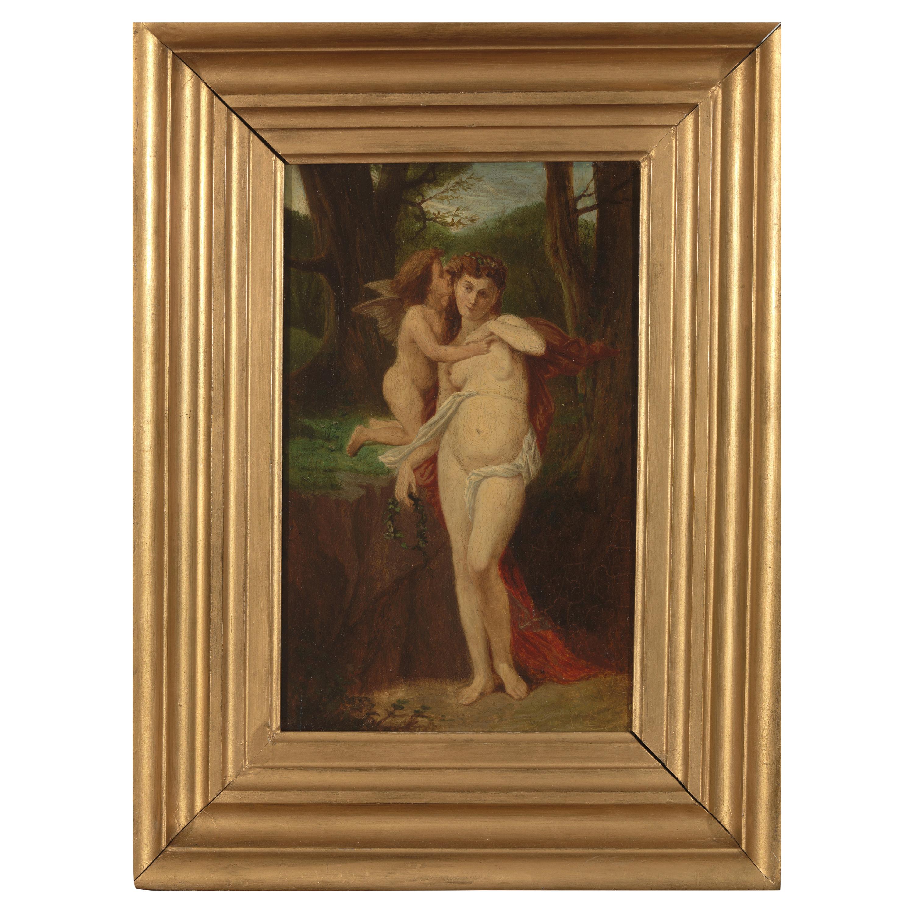 19th Century French Shool, Cupid & Psyche, Oil on Panel, Framed For Sale