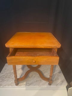 19th Century French Side Table with Embossed Leather Top and X-Form Stretcher