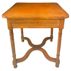 19th Century French Side Table with Embossed Leather Top and X-Form Stretcher