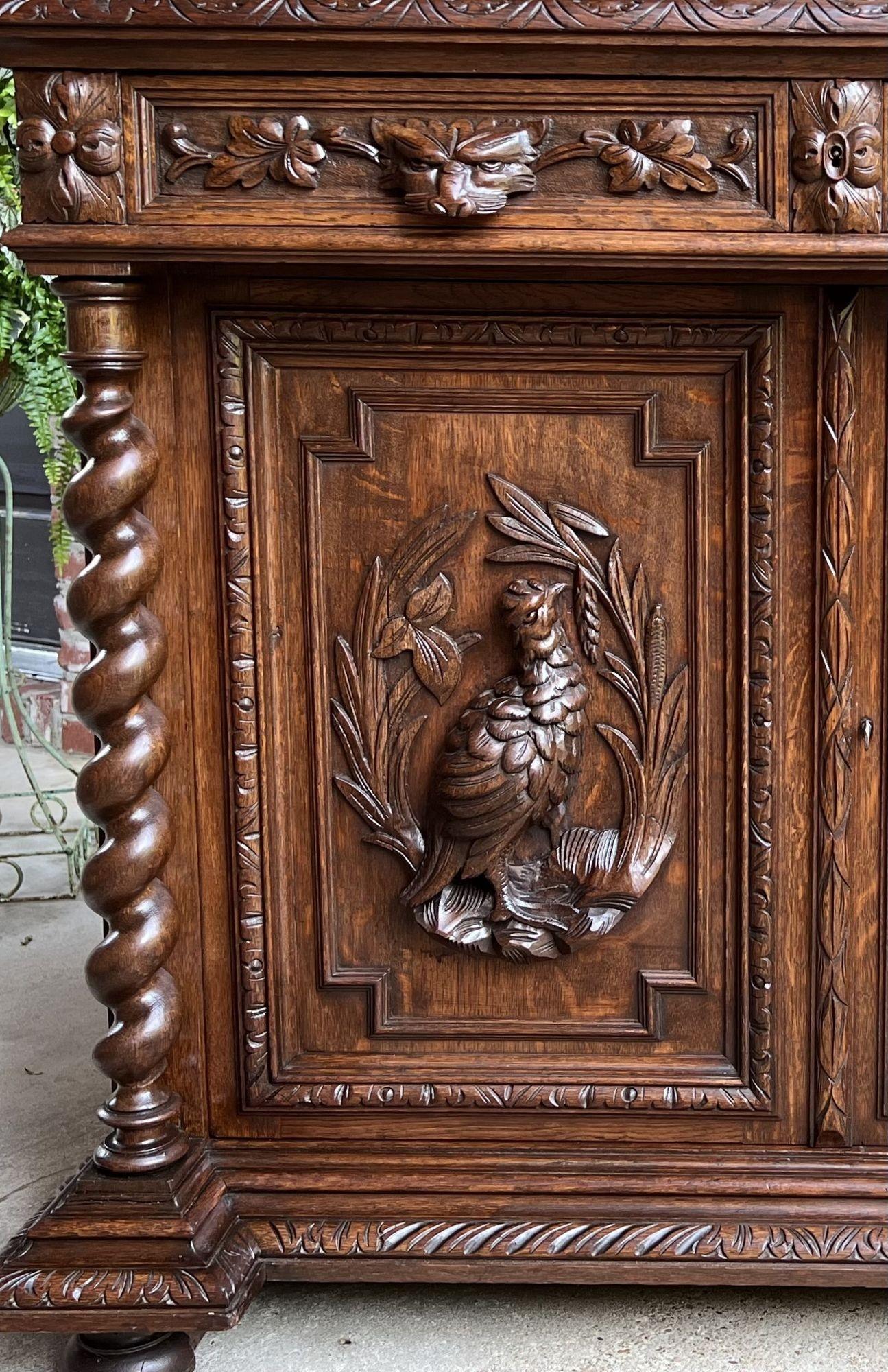 Hand-Carved 19th century French Sideboard Cabinet Buffet Black Forest Hunt Barley Twist Oak