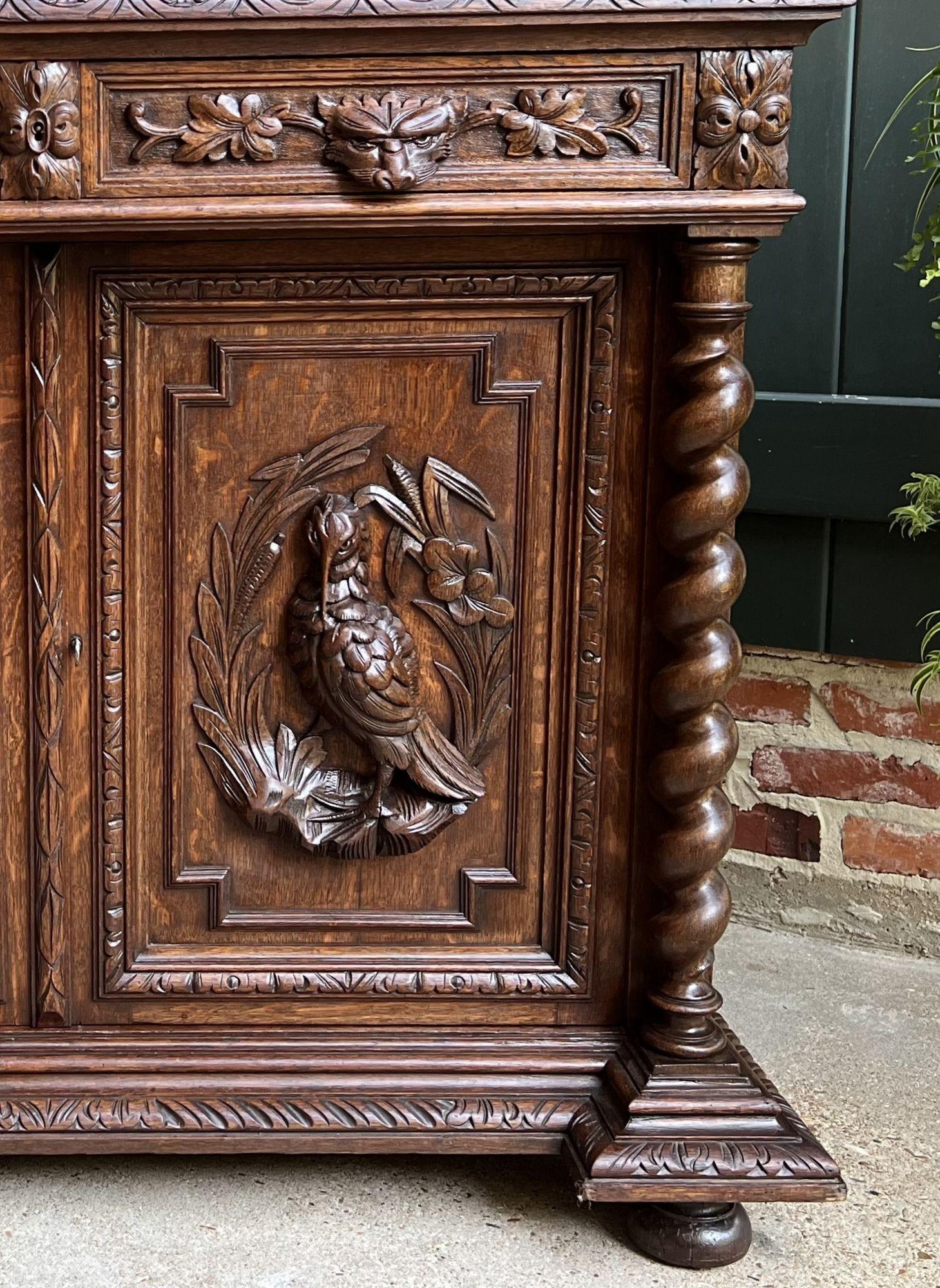 19th century French Sideboard Cabinet Buffet Black Forest Hunt Barley Twist Oak In Good Condition In Shreveport, LA