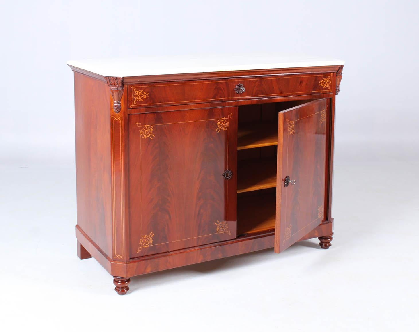 Marquetry 19th Century French Sideboard, Mahogany with Marble Top, Charles X, circa 1840
