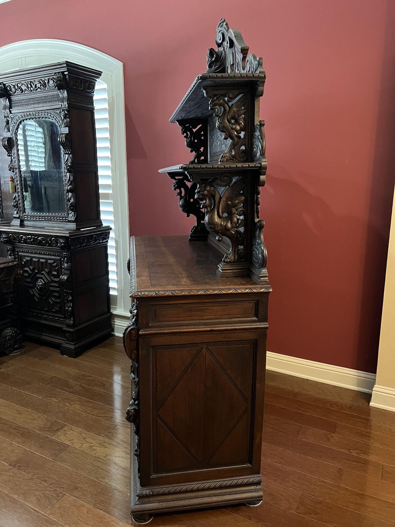 19th Century French Sideboard Server Buffet Hunt Cabinet Black Forest Oak Boar 6