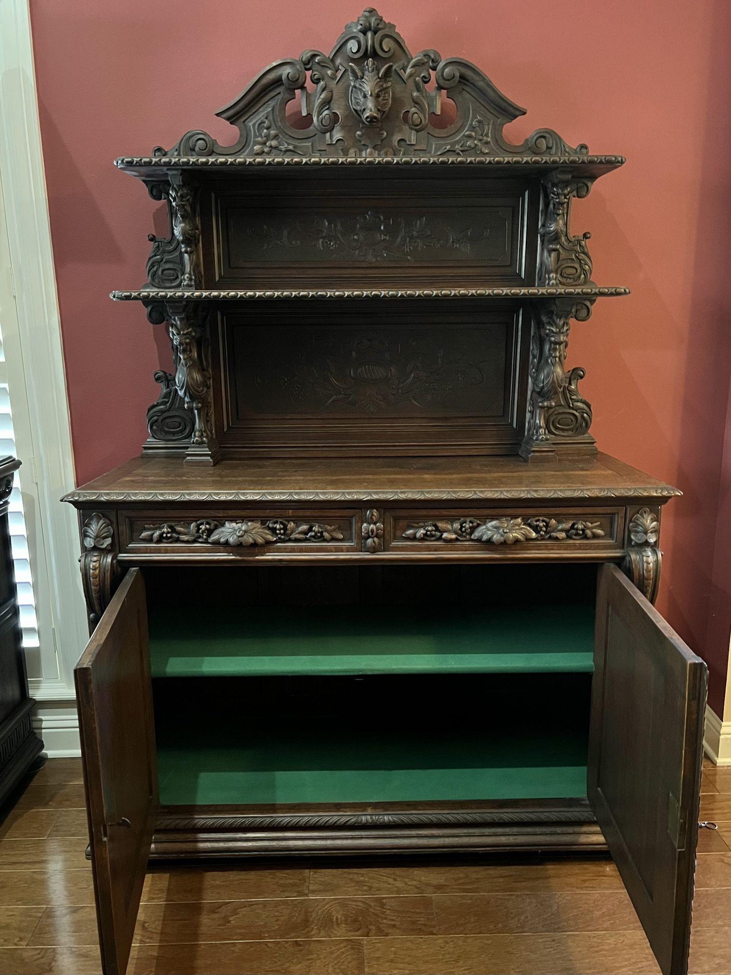 19th Century French Sideboard Server Buffet Hunt Cabinet Black Forest Oak Boar 7