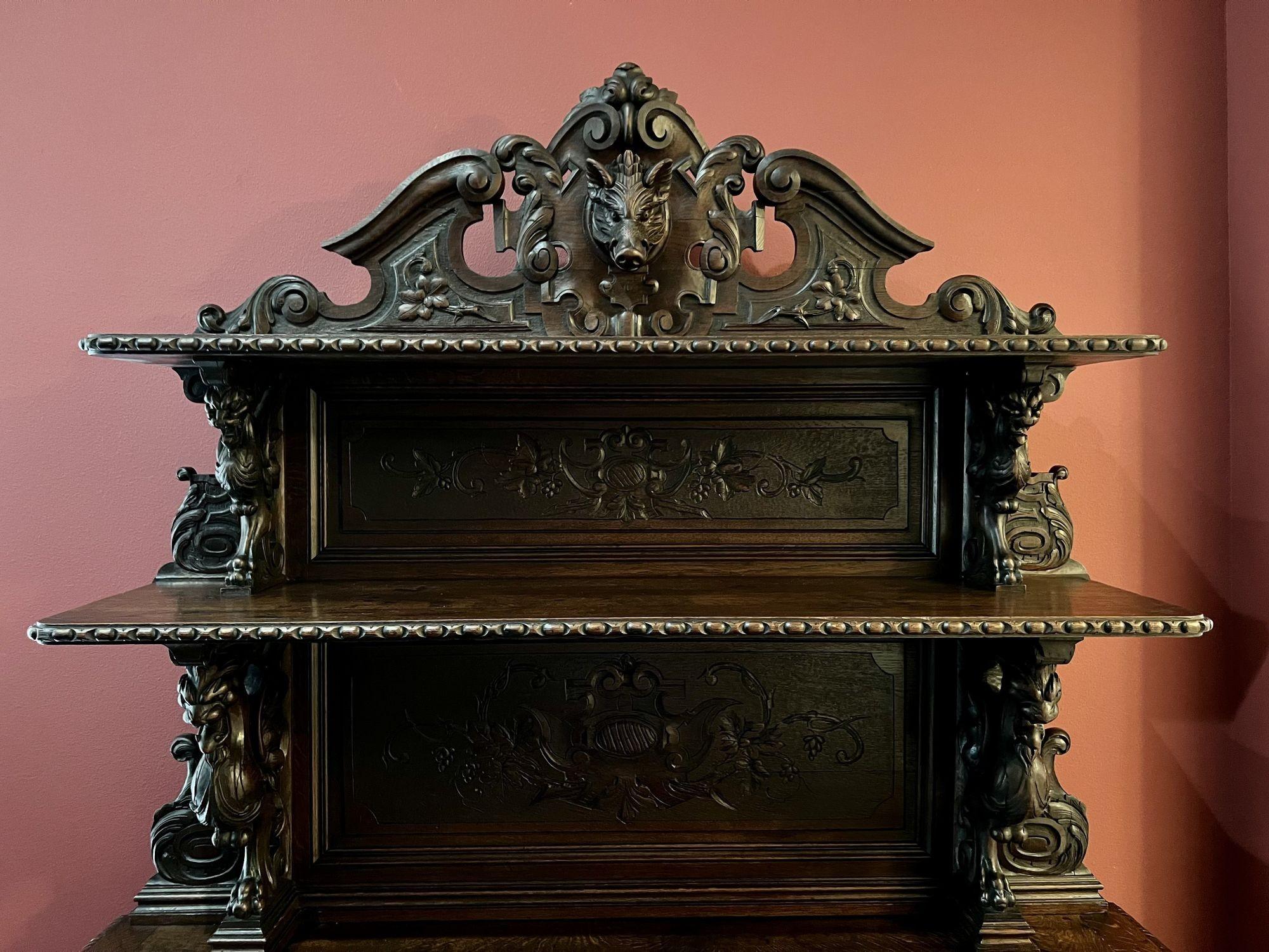 19th Century French Sideboard Server Buffet Hunt Cabinet Black Forest Oak Boar 8