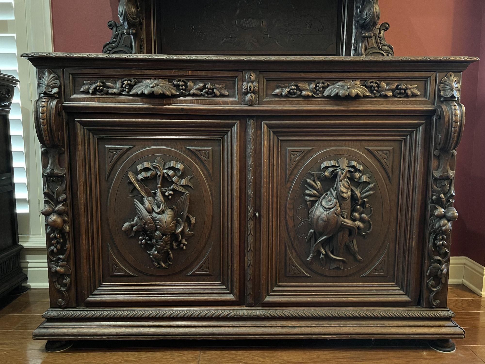 19th Century French Sideboard Server Buffet Hunt Cabinet Black Forest Oak Boar 10