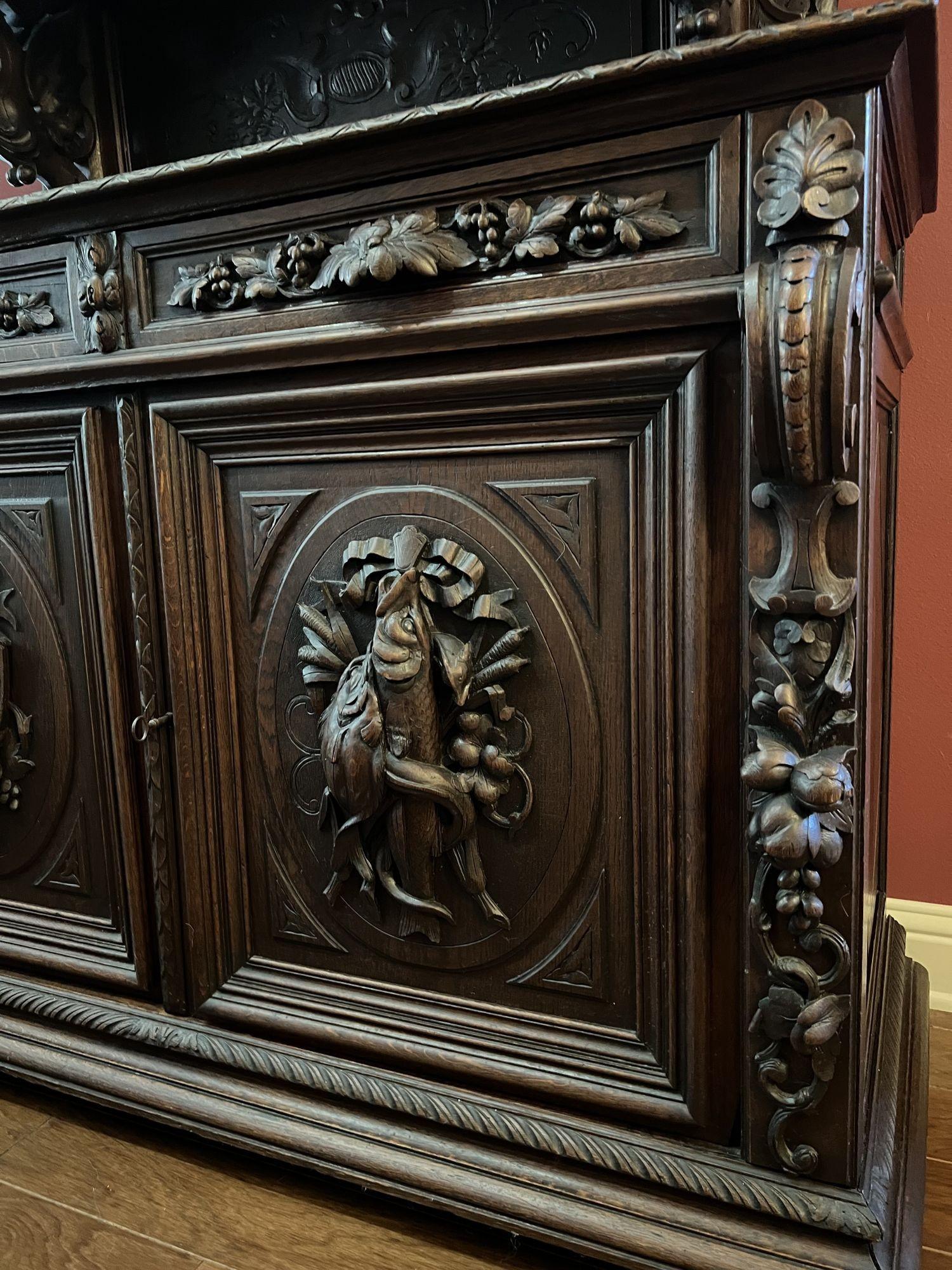 19th Century French Sideboard Server Buffet Hunt Cabinet Black Forest Oak Boar 12