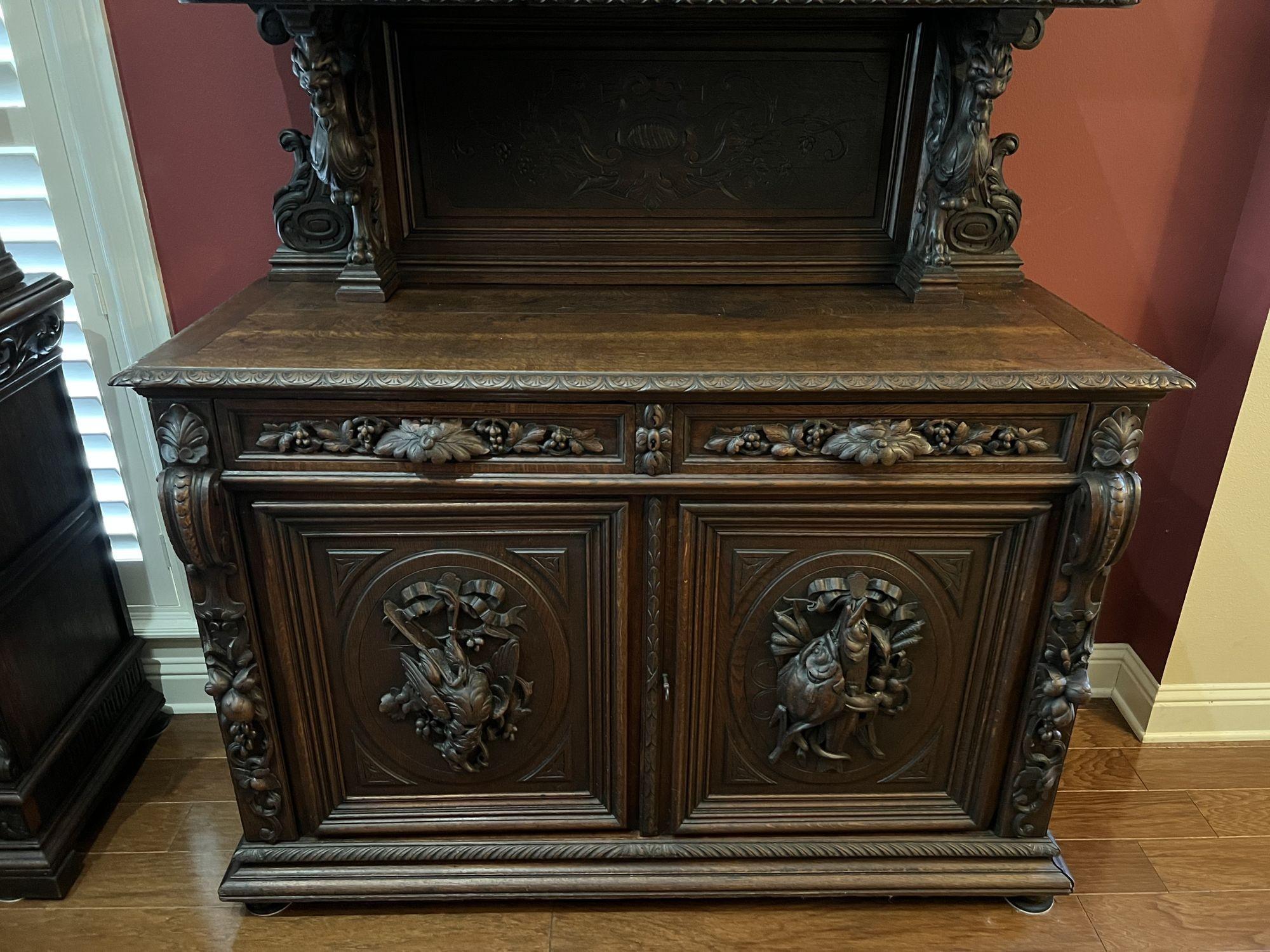 19th Century French Sideboard Server Buffet Hunt Cabinet Black Forest Oak Boar 13