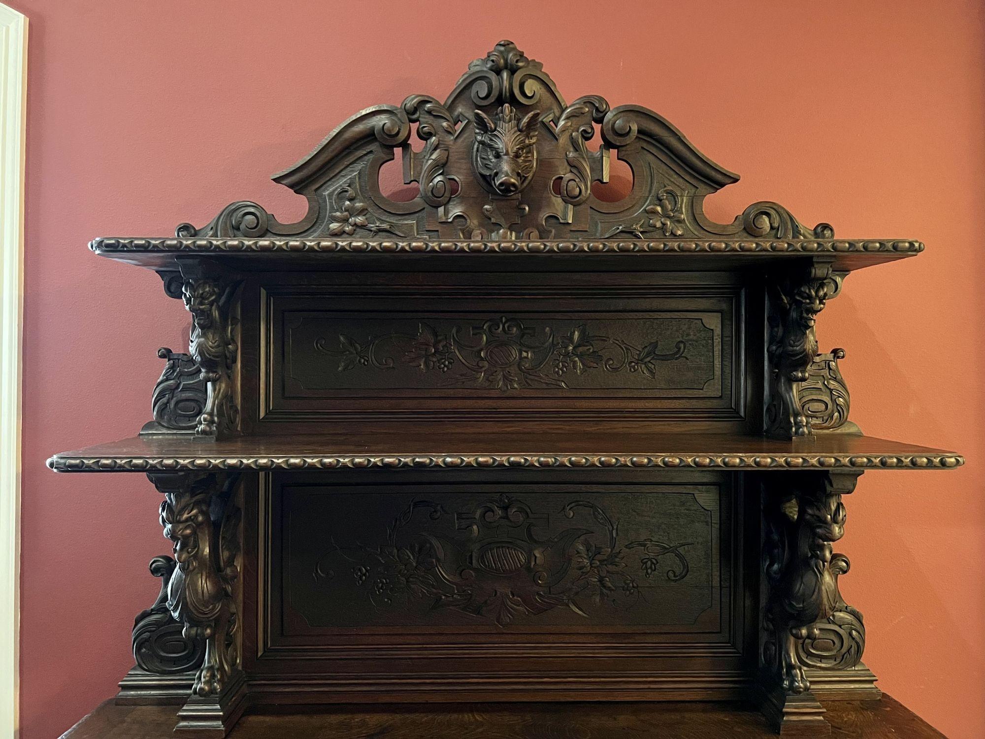 Baroque 19th Century French Sideboard Server Buffet Hunt Cabinet Black Forest Oak Boar