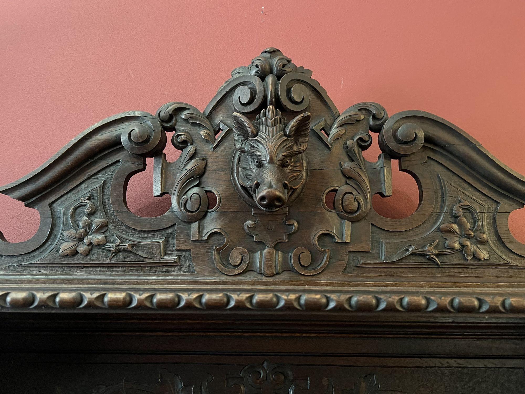 Hand-Carved 19th Century French Sideboard Server Buffet Hunt Cabinet Black Forest Oak Boar