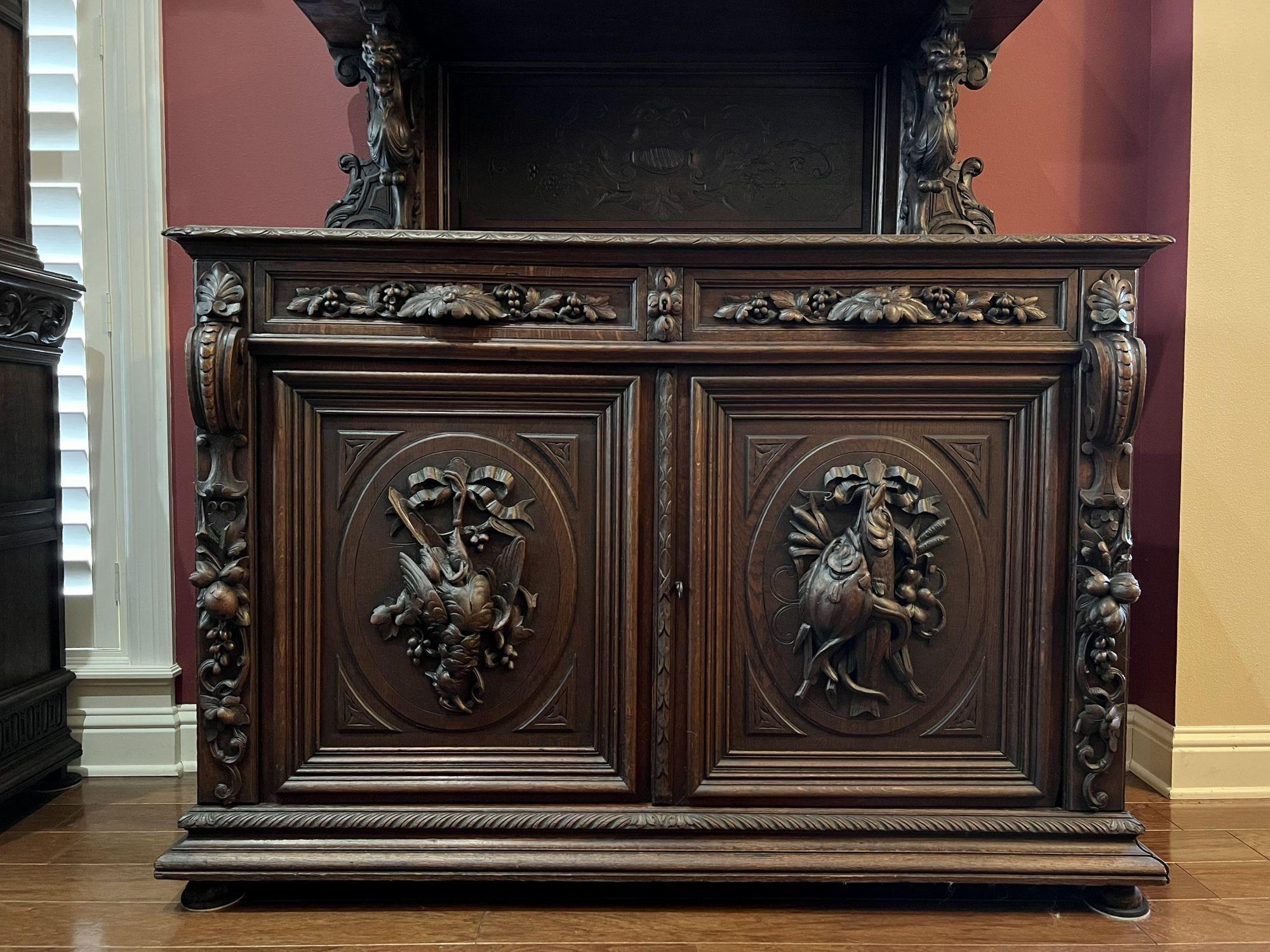 19th Century French Sideboard Server Buffet Hunt Cabinet Black Forest Oak Boar In Good Condition In Shreveport, LA