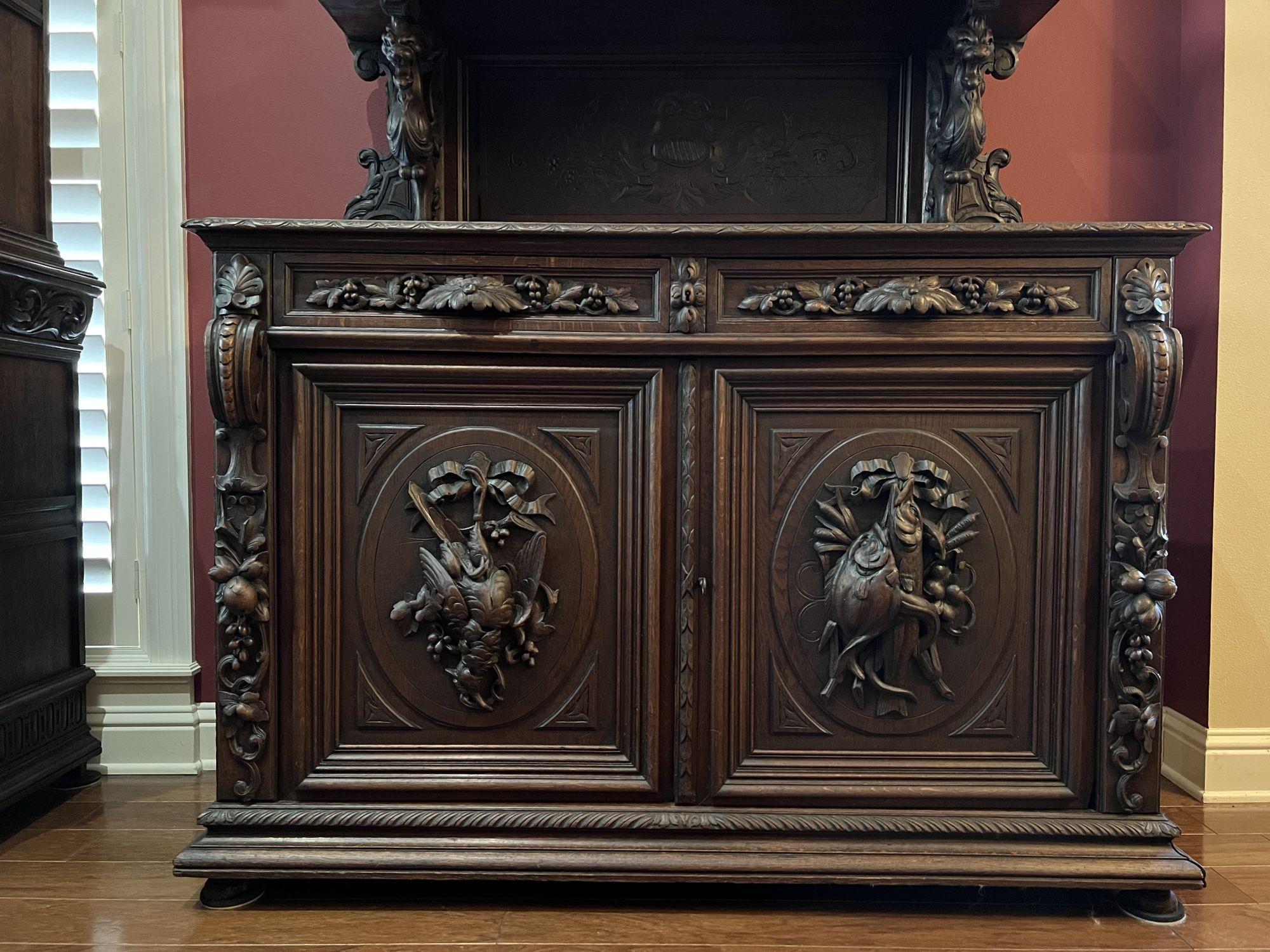 19th Century French Sideboard Server Buffet Hunt Cabinet Black Forest Oak Boar 1