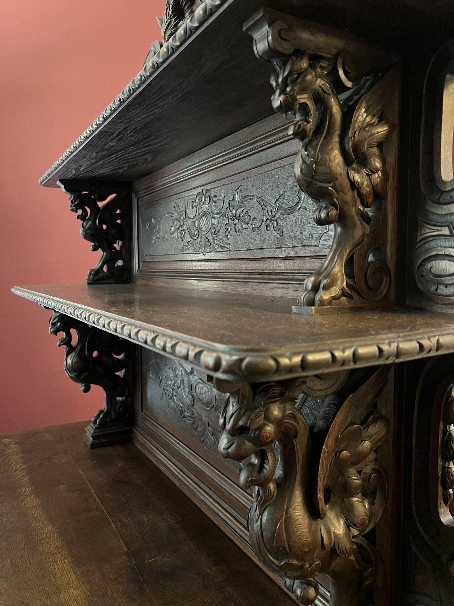 19th Century French Sideboard Server Buffet Hunt Cabinet Black Forest Oak Boar 2