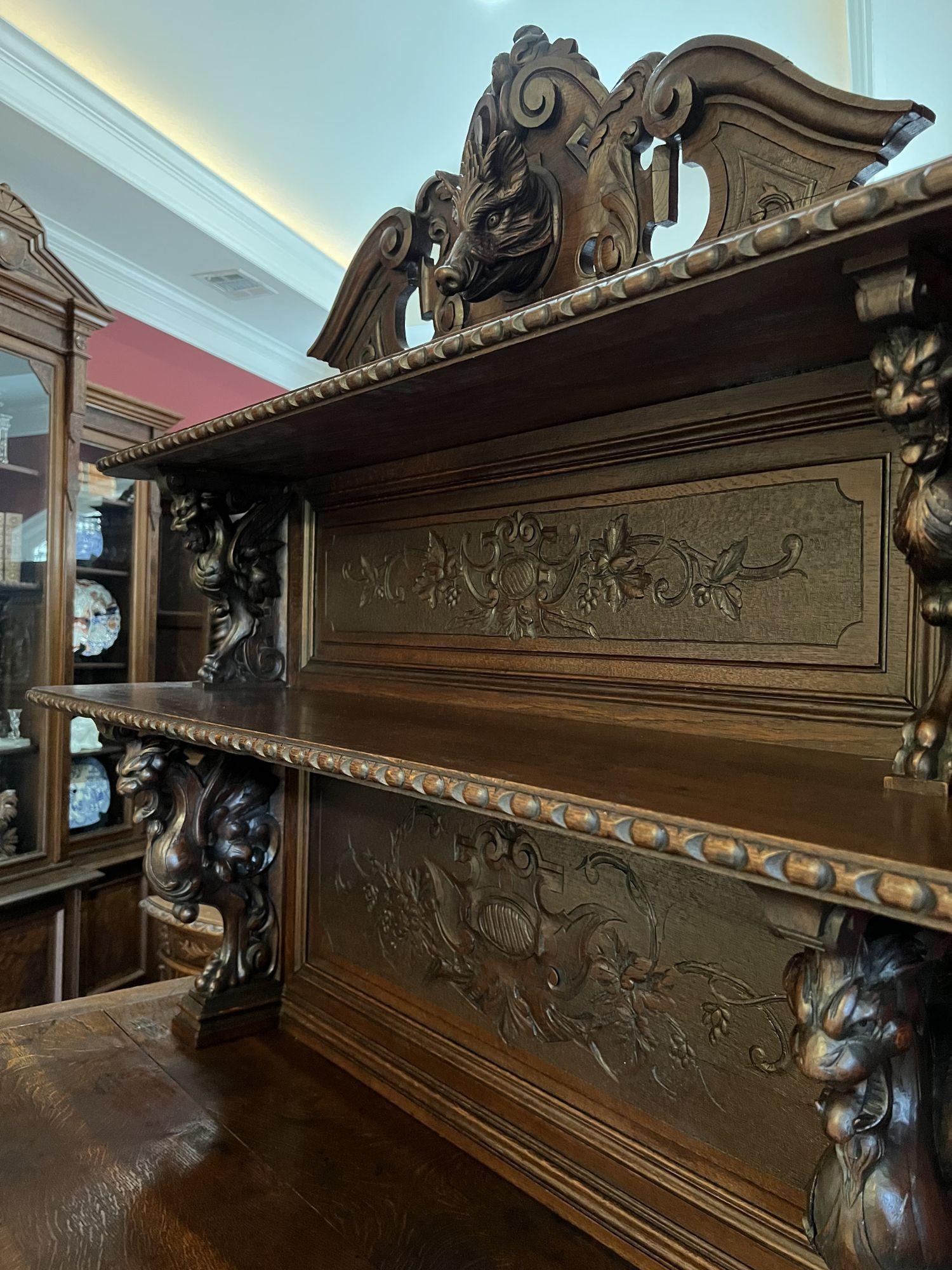 19th Century French Sideboard Server Buffet Hunt Cabinet Black Forest Oak Boar 3