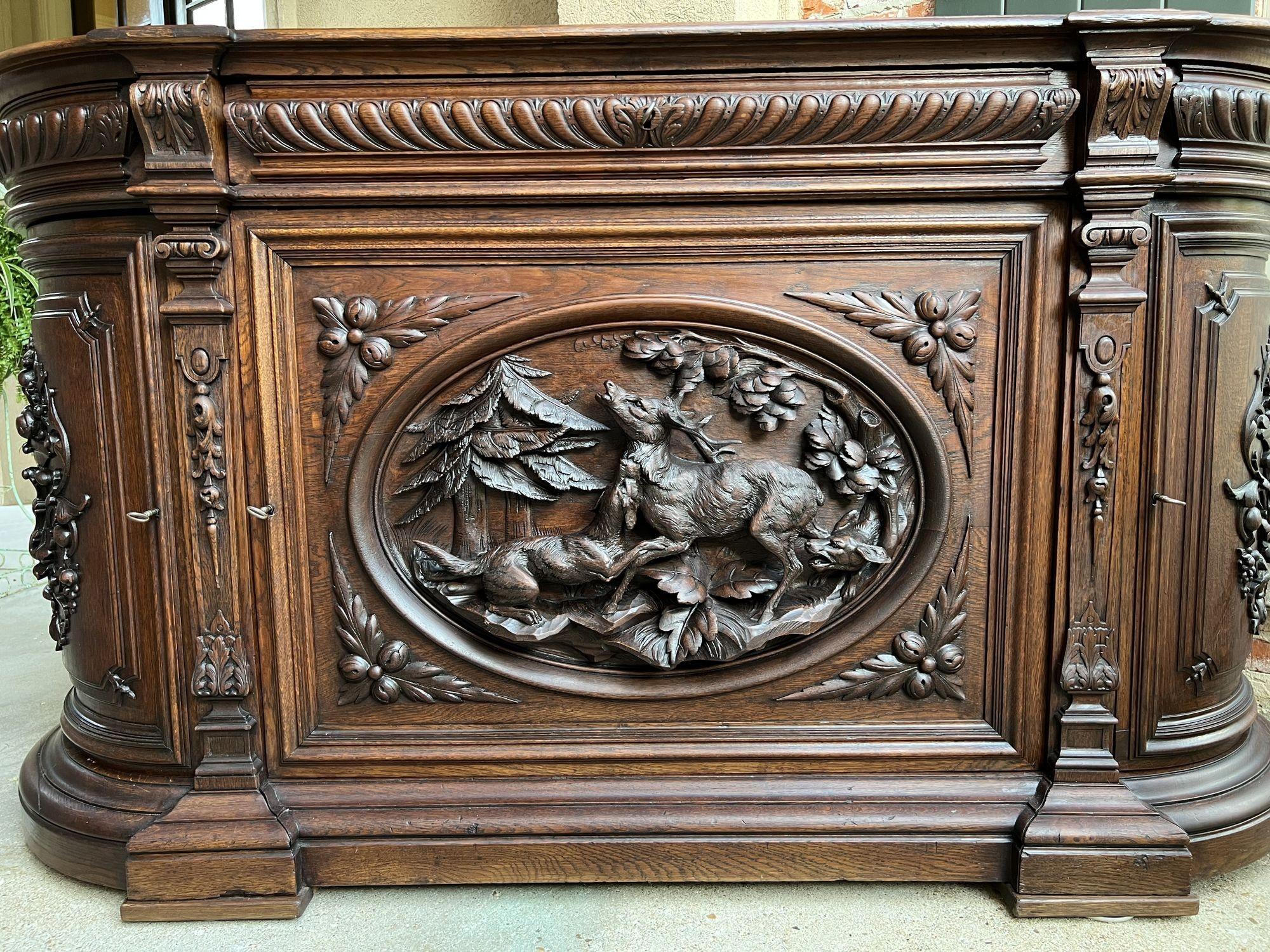 Hand-Carved 19th century French Sideboard Server Buffet Hunt Cabinet Black Forest Stag Hound