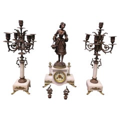 19th Century French Signed Bronze Clock and Garniture.