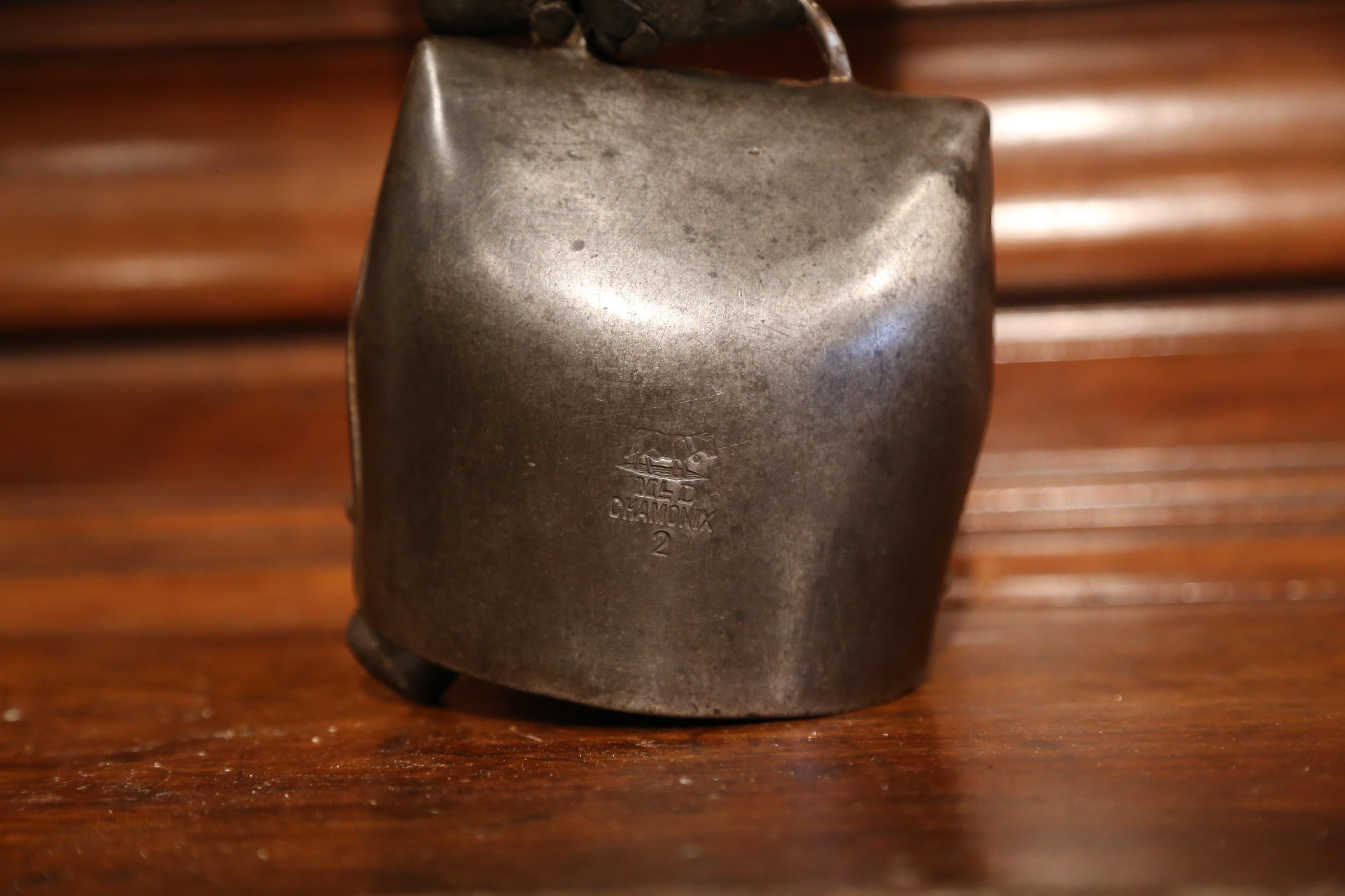 19th Century French Signed Cow Bell with Original Leather Collar & Bronze Buckle In Excellent Condition For Sale In Dallas, TX