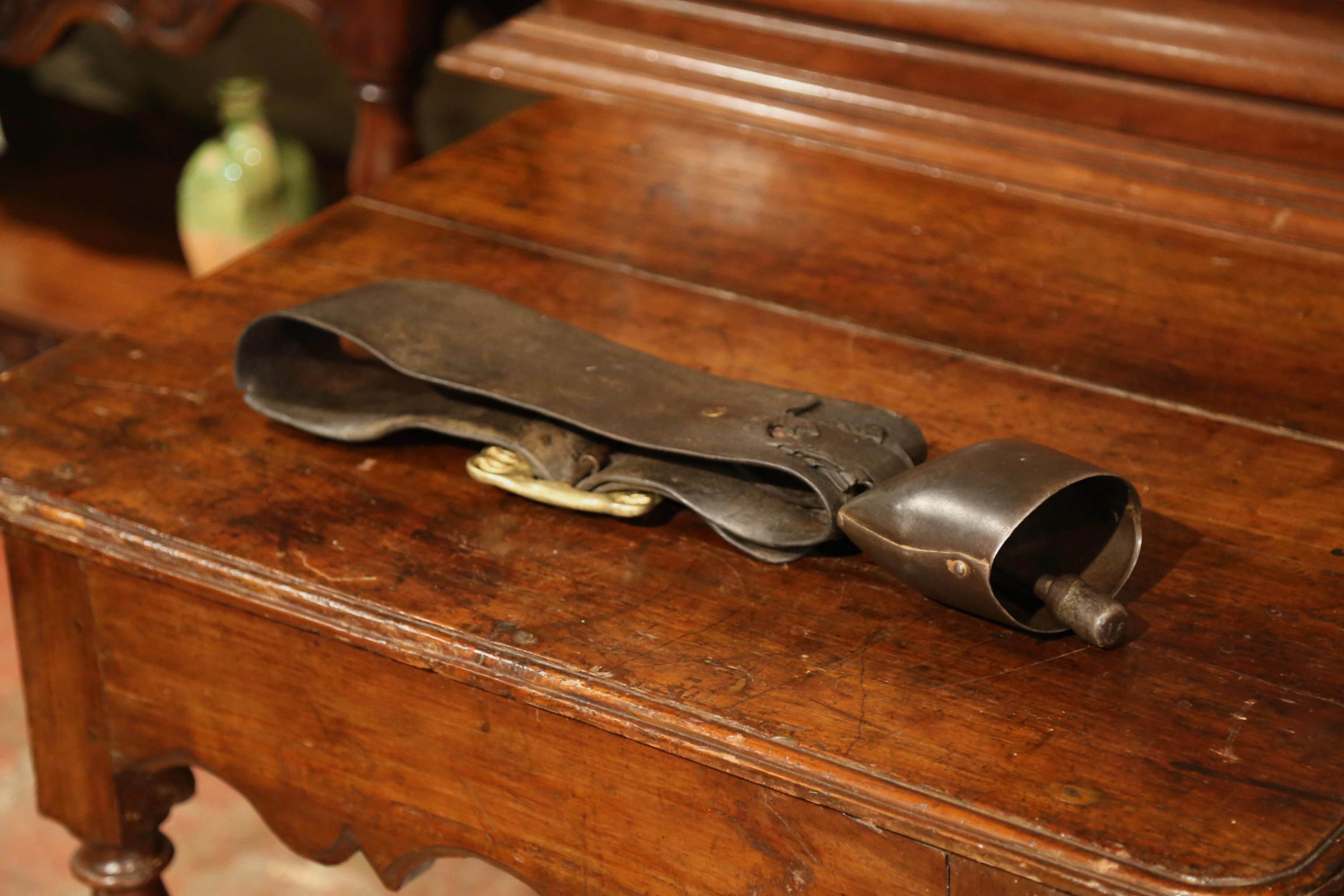 19th Century French Signed Cow Bell with Original Leather Collar & Bronze Buckle For Sale 5