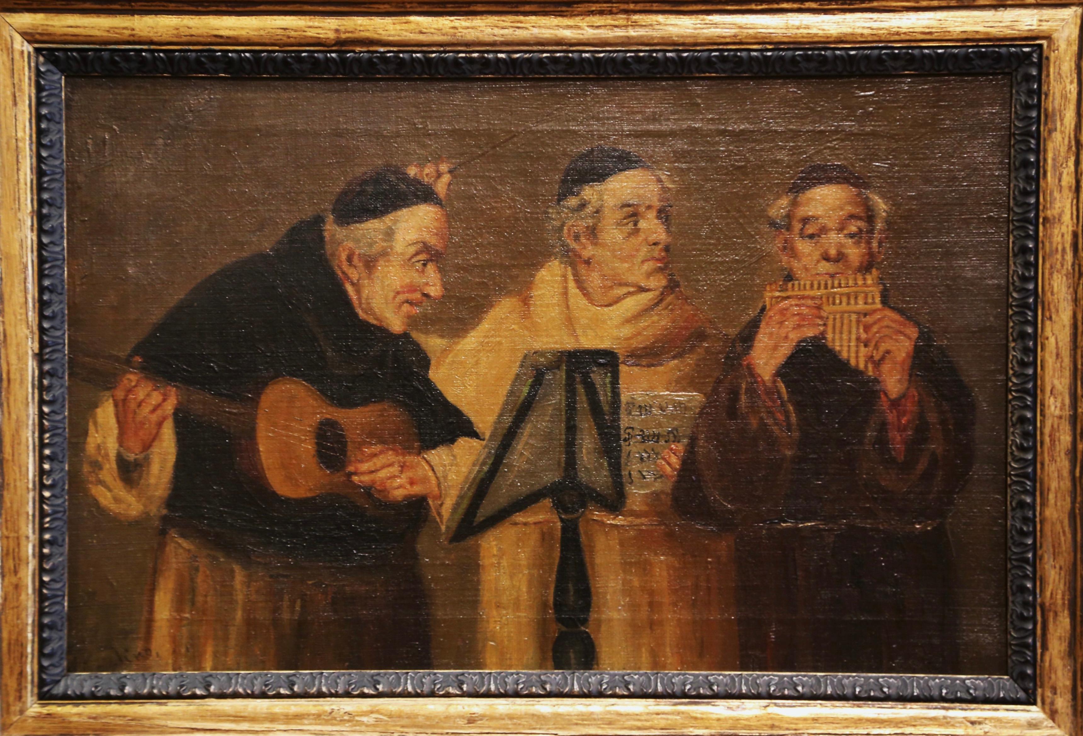 Created in France, circa 1880 and set in a carved gilt frame, the antique painting depicts three jovial monks playing music instruments in the style of Eduard Von Grutzner. The art work is signed in the lower left corner by the artist, but