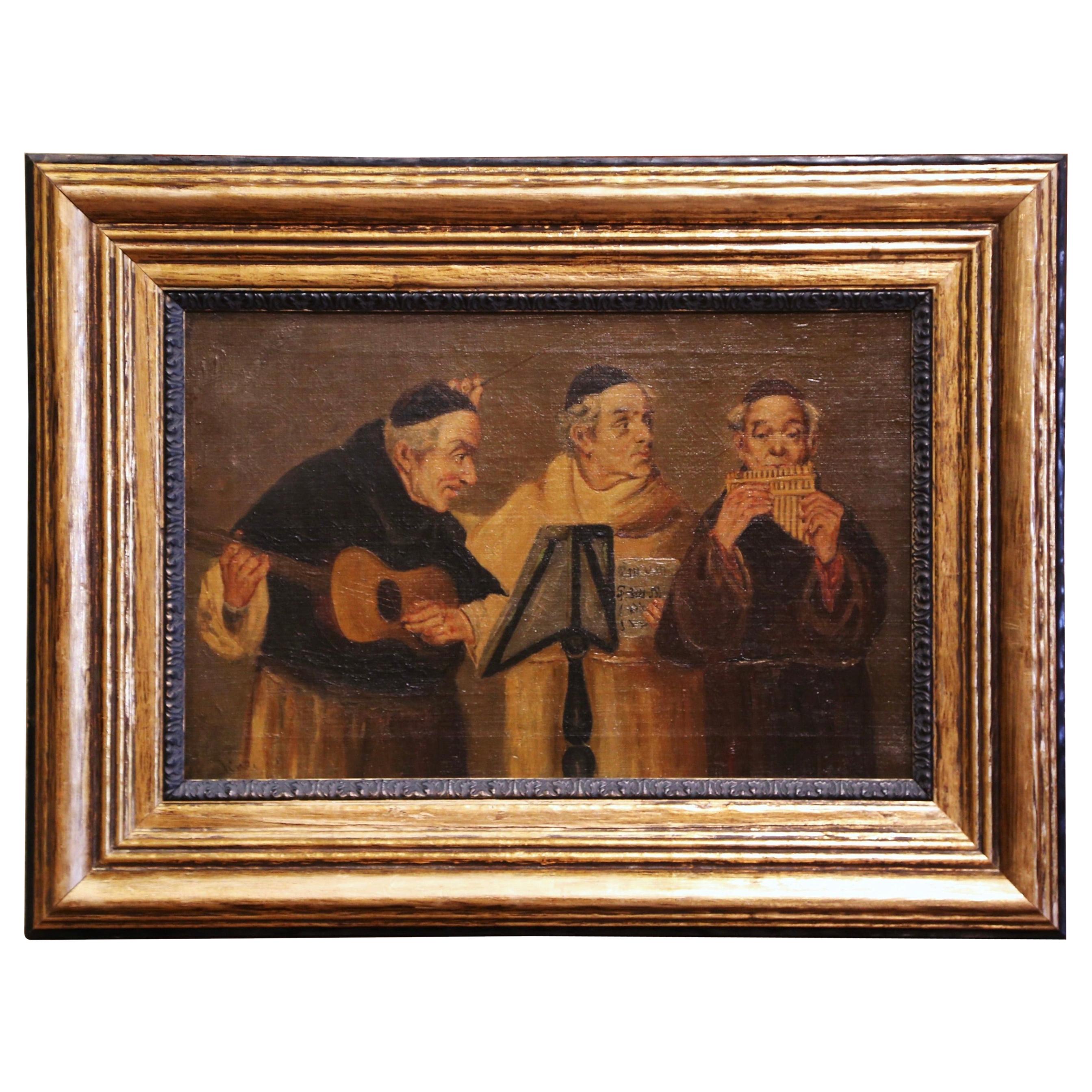 19th Century French Signed Monks Oil on Canvas Painting in Gilt Frame