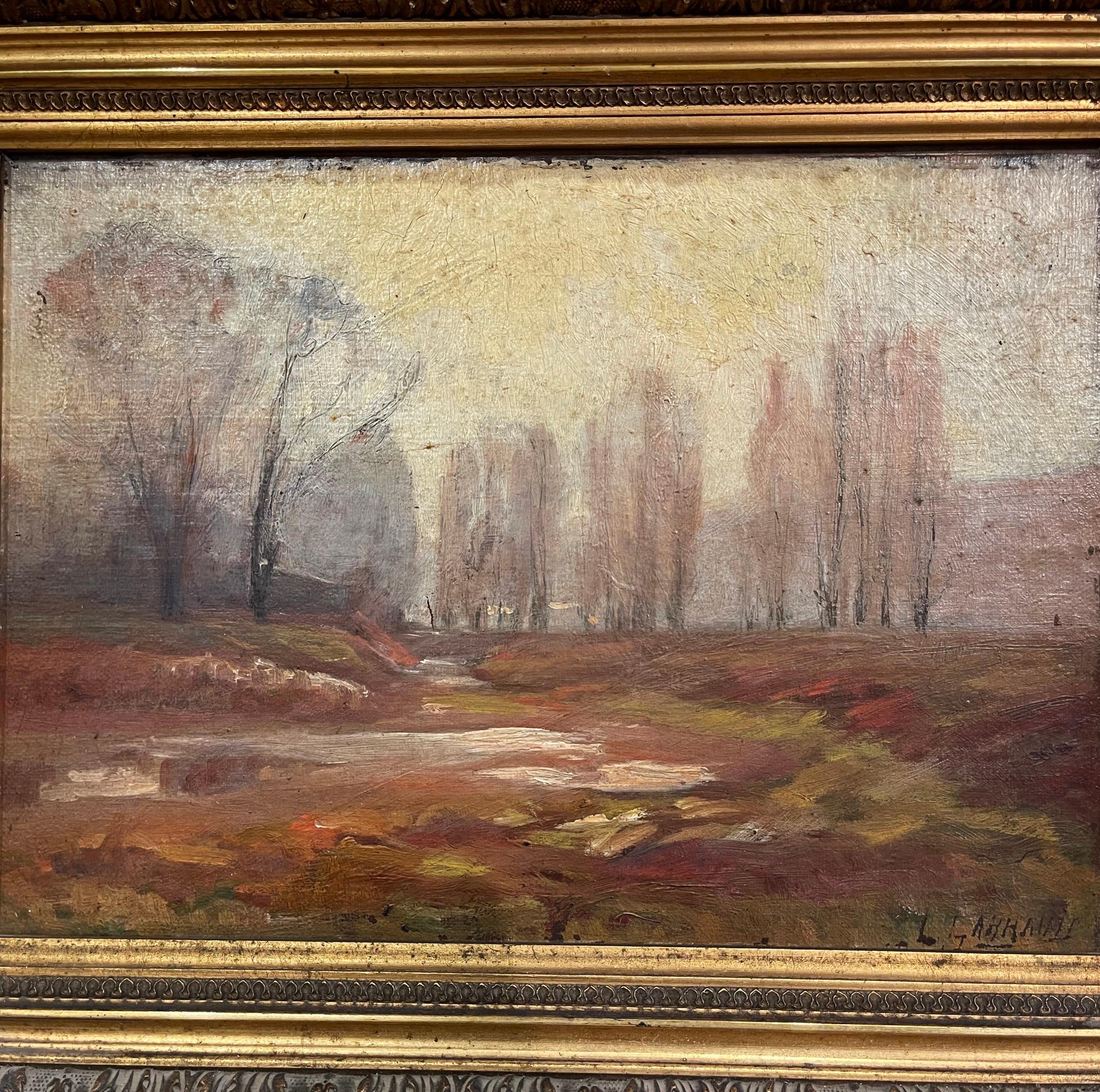 19th Century French Signed Oil on Board Landscape Painting in Carved Gilt Frame In Excellent Condition For Sale In Dallas, TX
