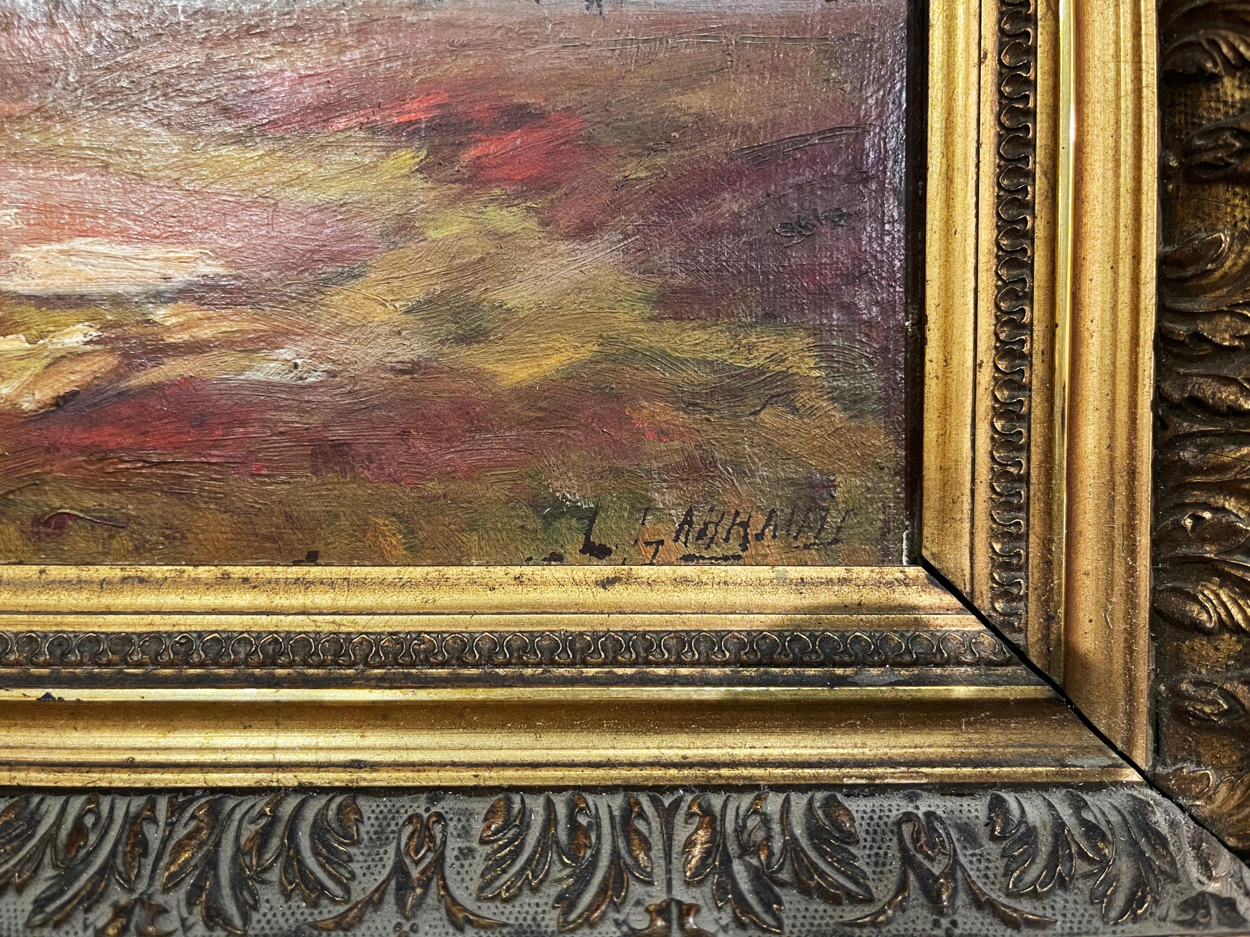 Sculpté Peinture de paysage française du 19ème siècle à l'huile sur panneau, signée, dans un cadre sculpté et doré en vente