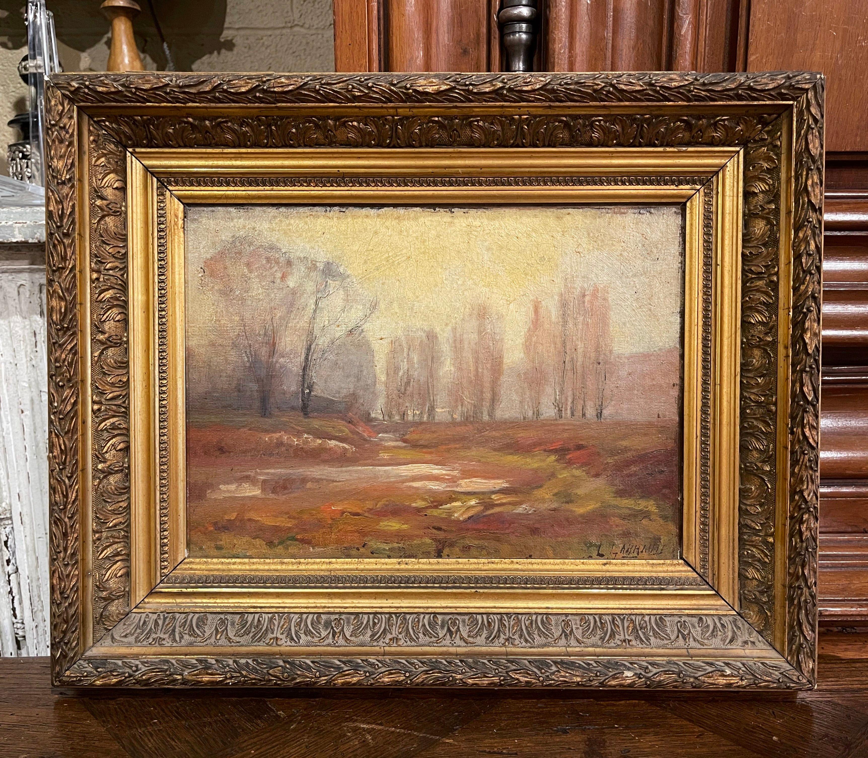 19th Century French Signed Oil on Board Landscape Painting in Carved Gilt Frame For Sale 1