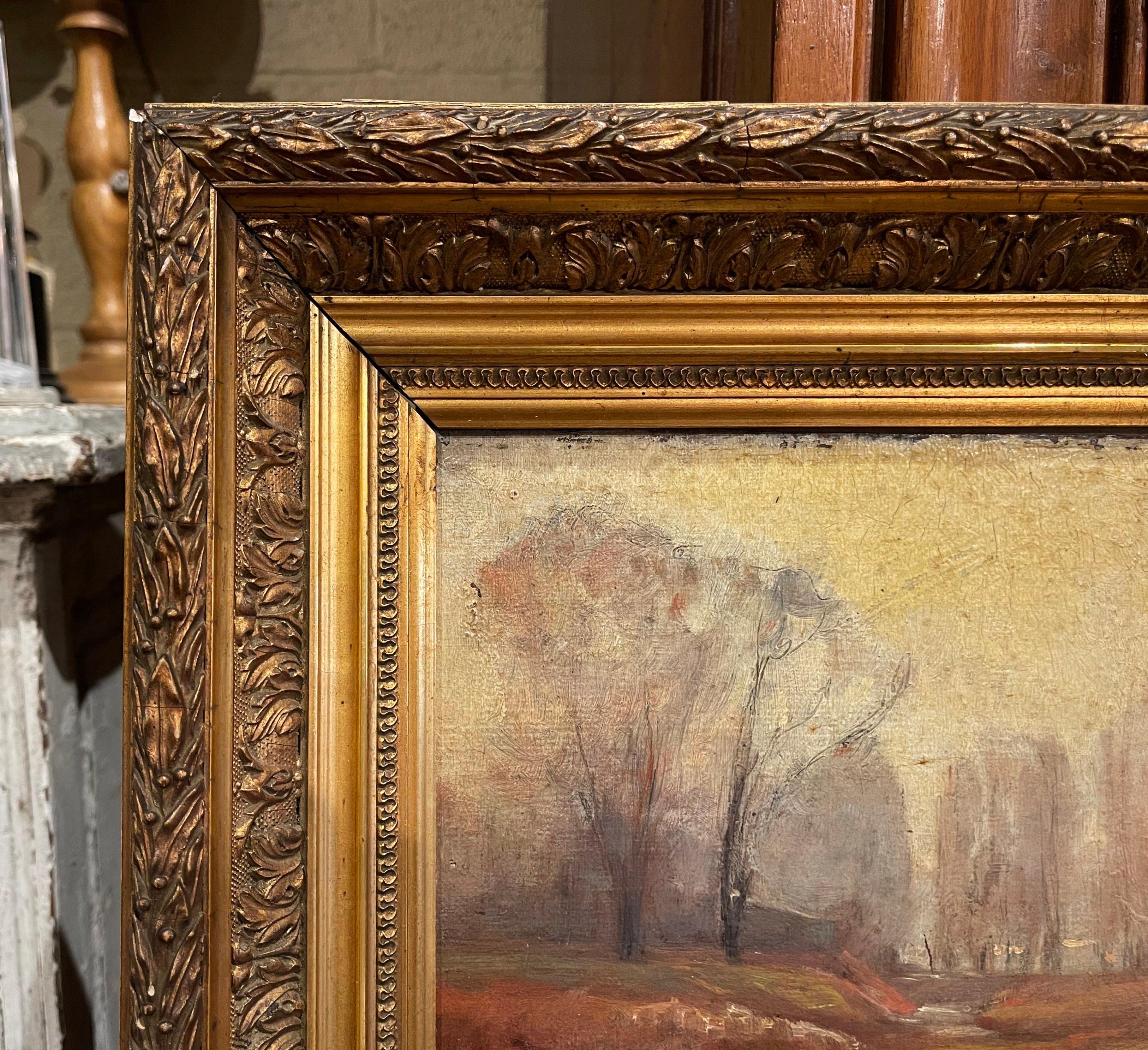 XIXe siècle Peinture de paysage française du 19ème siècle à l'huile sur panneau, signée, dans un cadre sculpté et doré en vente